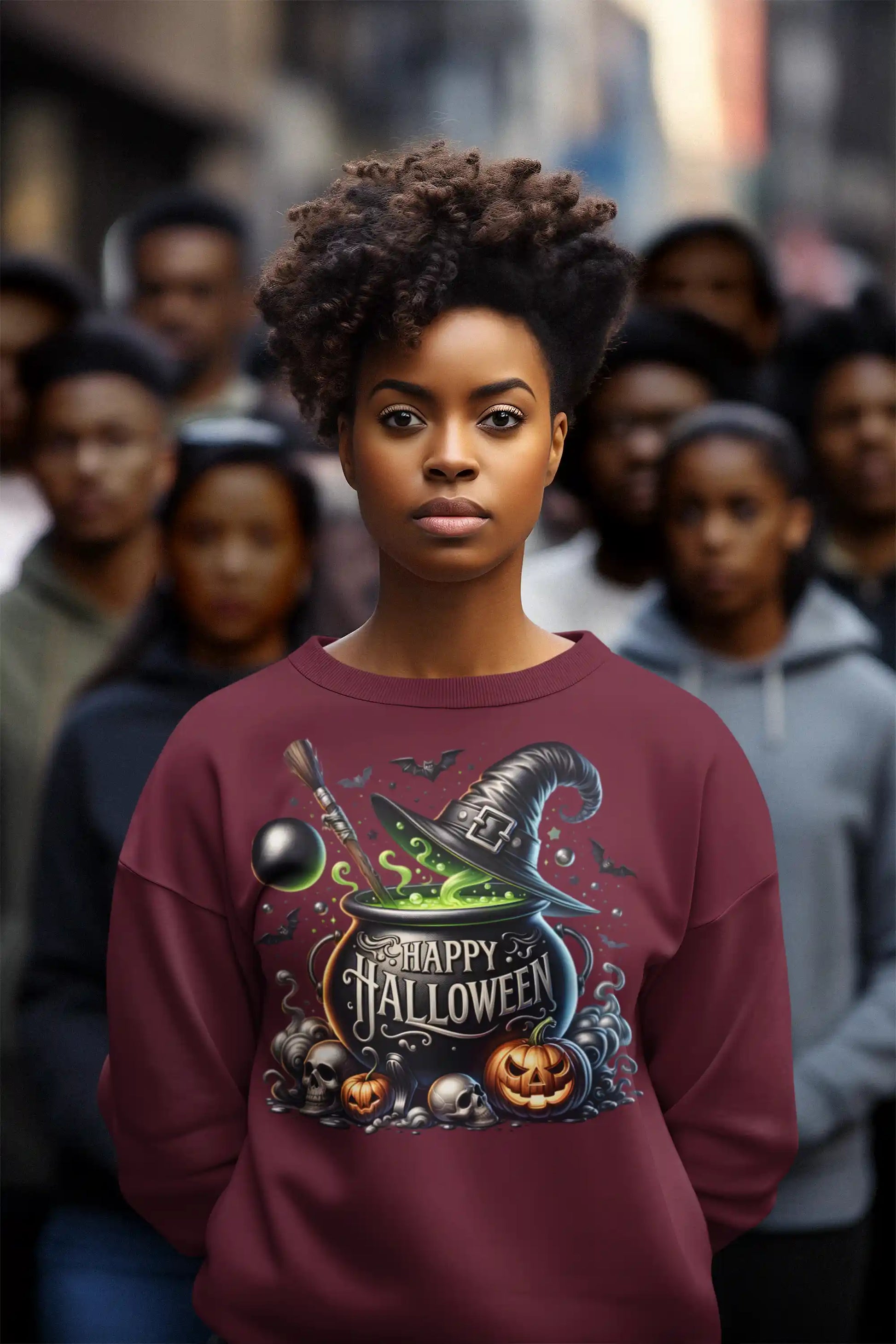 A woman wears a maroon sweatshirt with a "Happy Halloween" witch's cauldron design.