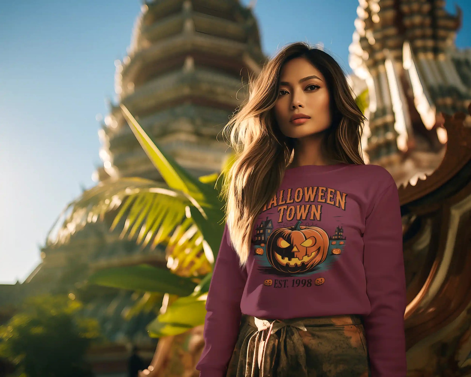 A woman wears a maroon Halloween Town sweatshirt with a vintage pumpkin graphic.