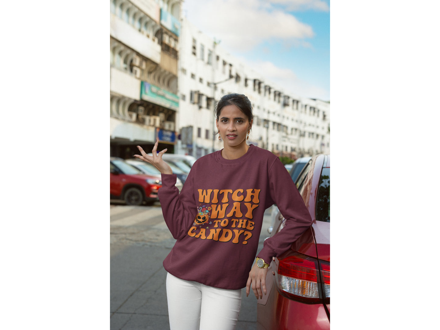 Witch Way to the Candy Halloween Sweatshirt – Bella+Canvas 3501 Unisex Pullover – Spooky Funny Fall Sweater (S–3XL, Multiple Colors)