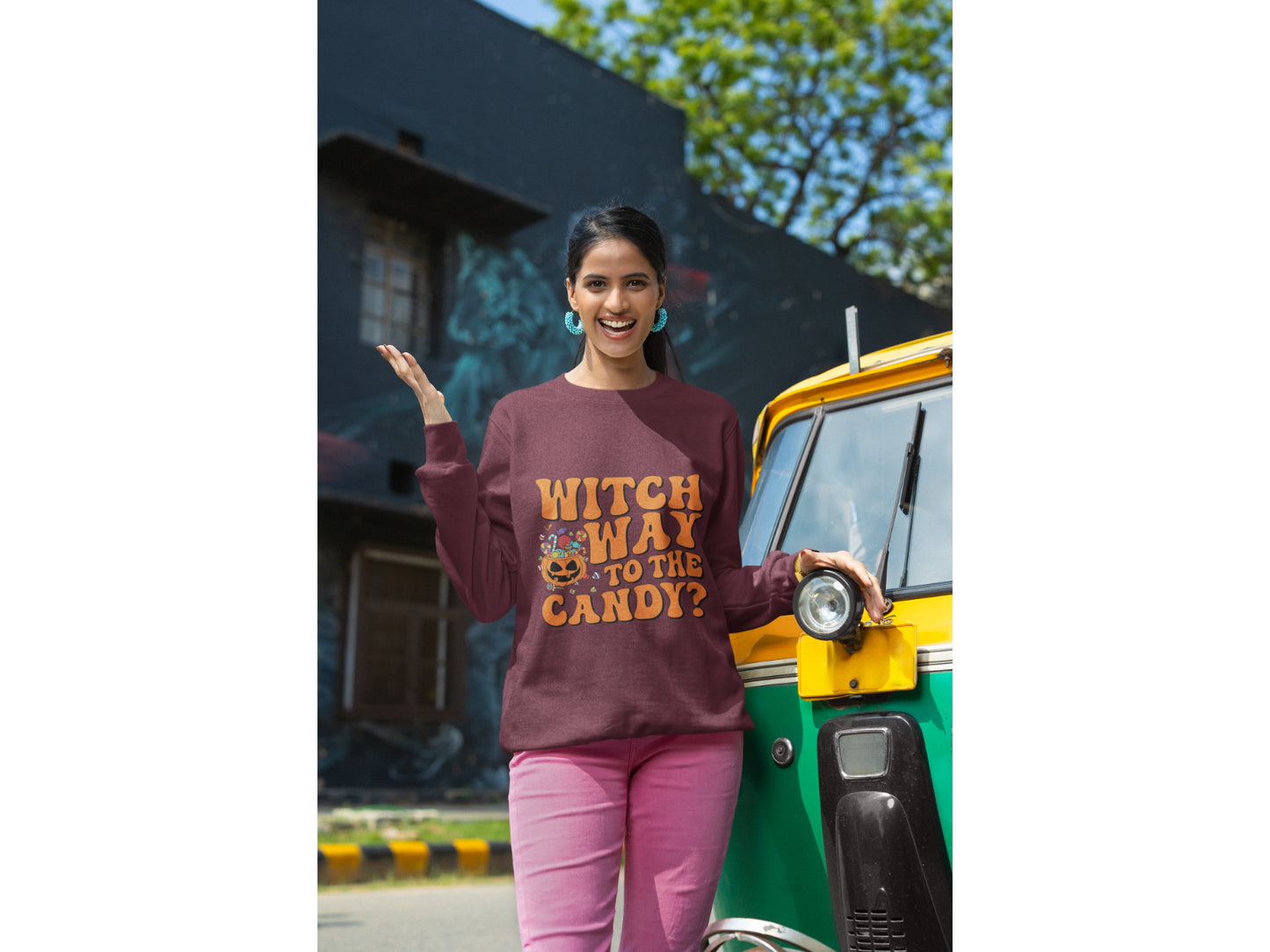 Witch Way to the Candy Halloween Sweatshirt – Bella+Canvas 3501 Unisex Pullover – Spooky Funny Fall Sweater (S–3XL, Multiple Colors)