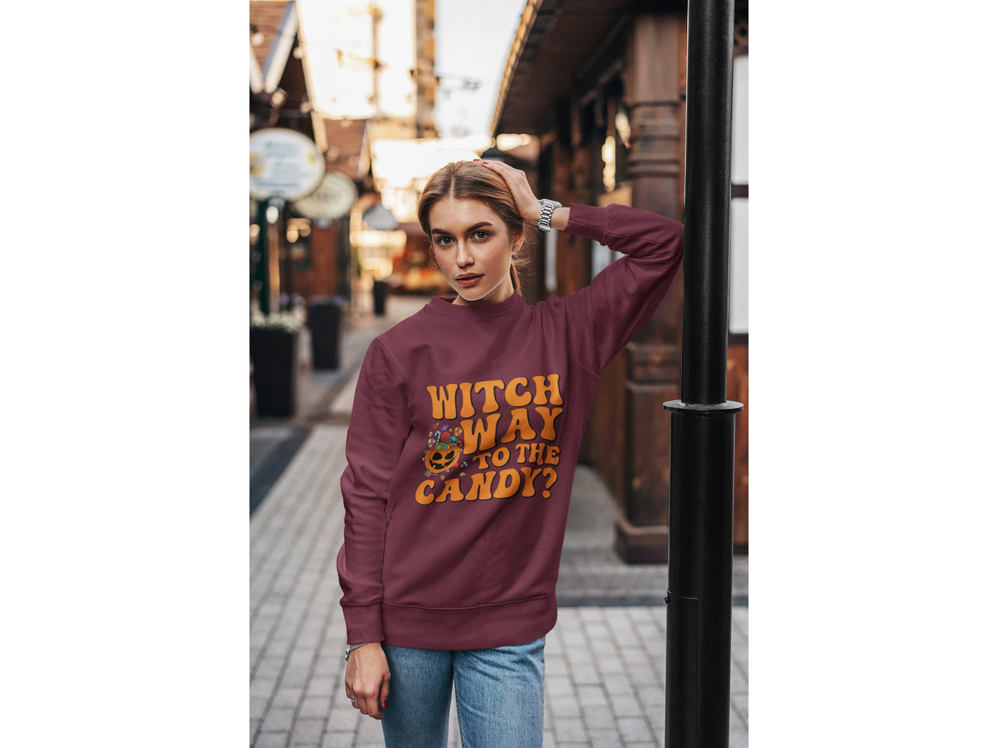 Witch Way to the Candy Halloween Sweatshirt – Bella+Canvas 3501 Unisex Pullover – Spooky Funny Fall Sweater (S–3XL, Multiple Colors)