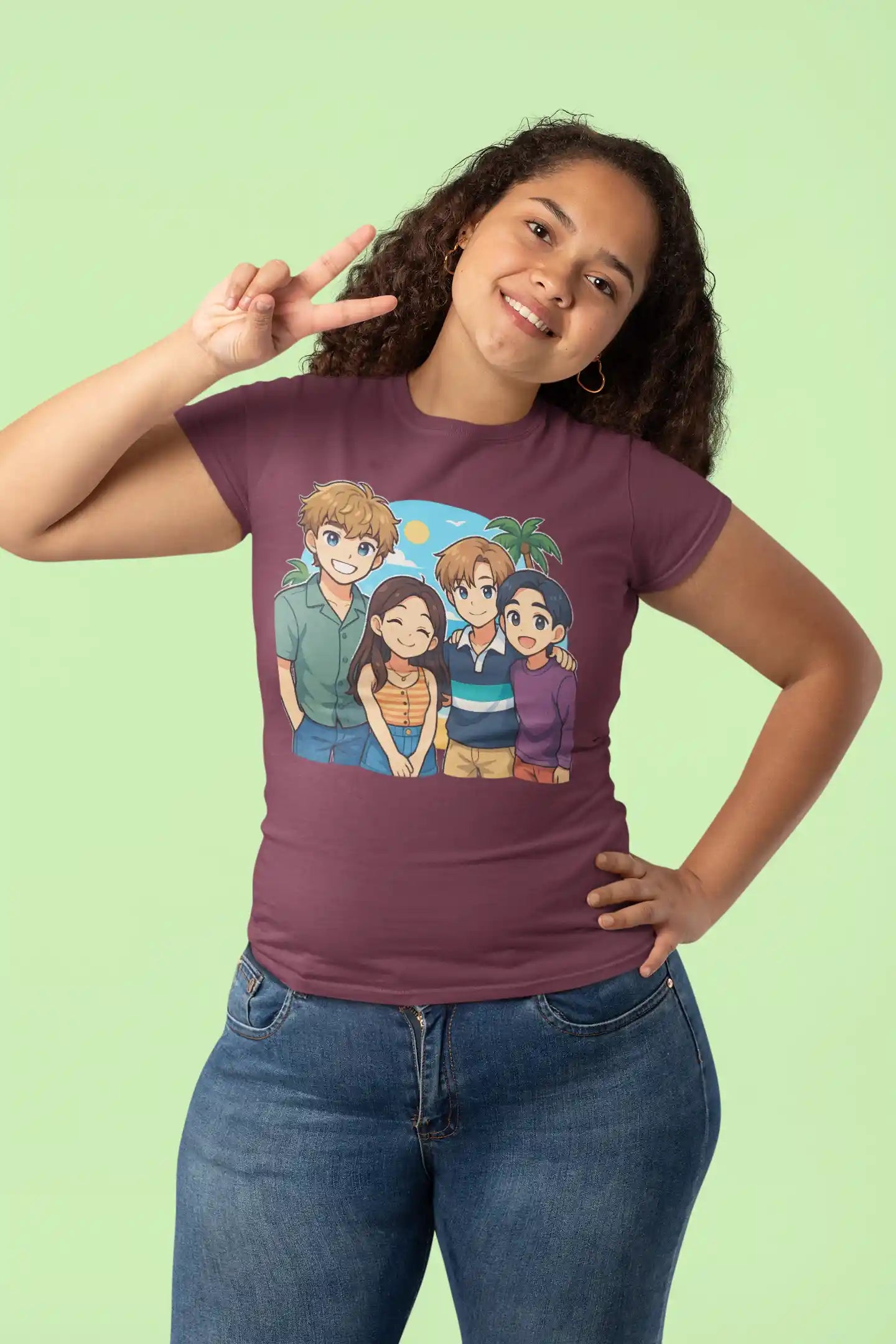 A woman in a maroon t-shirt with an anime design of four friends at the beach.
