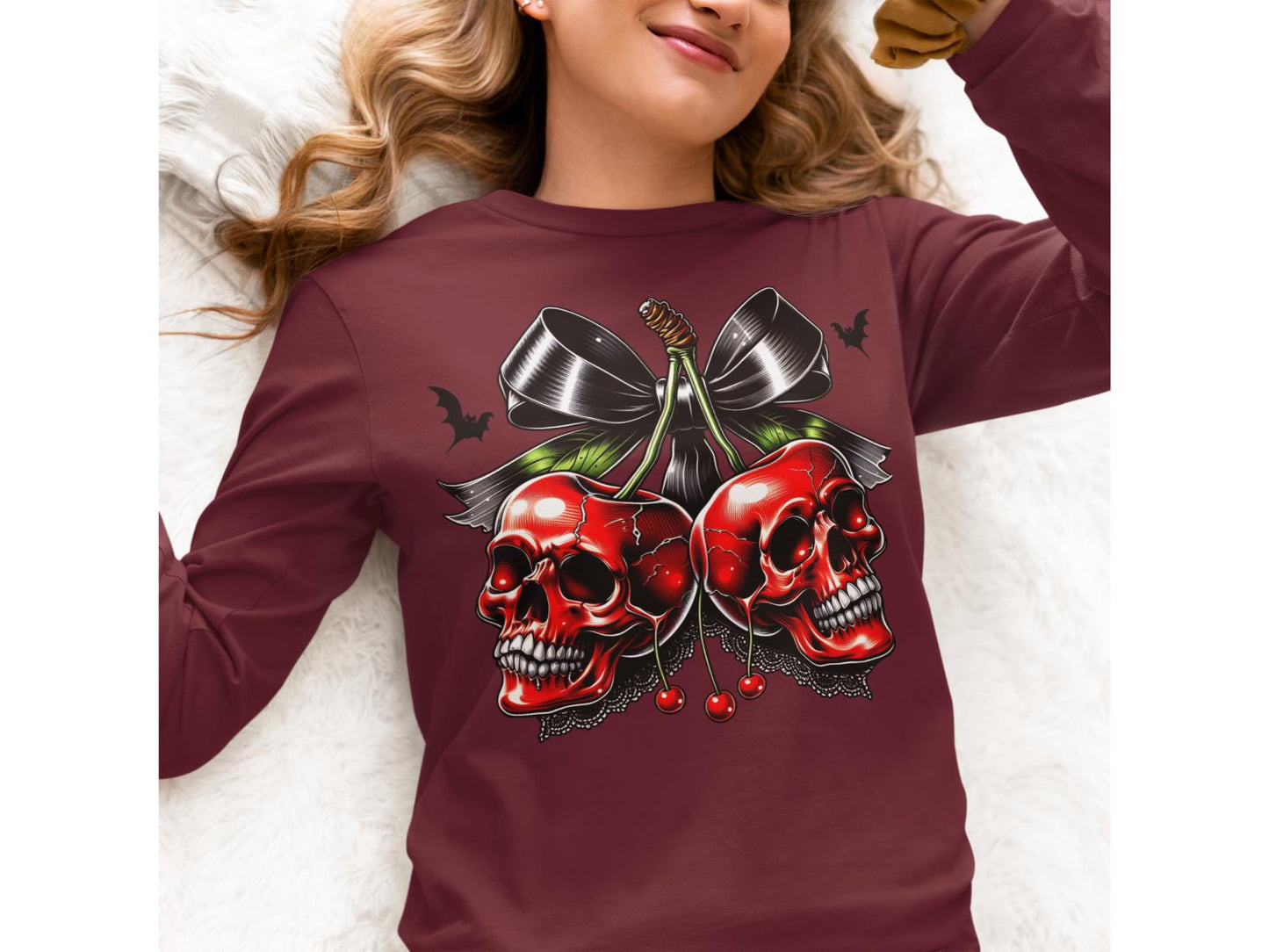 Spooky Cherry Halloween Bow Sweatshirt – Cute & Creepy Fall Vibes