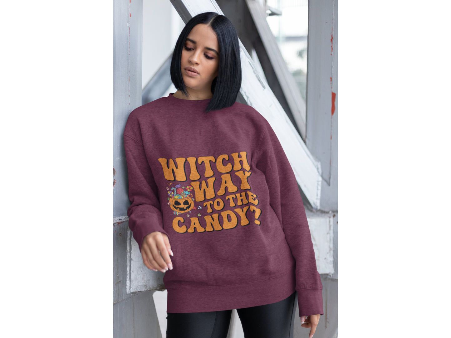 Witch Way to the Candy Halloween Sweatshirt – Bella+Canvas 3501 Unisex Pullover – Spooky Funny Fall Sweater (S–3XL, Multiple Colors)
