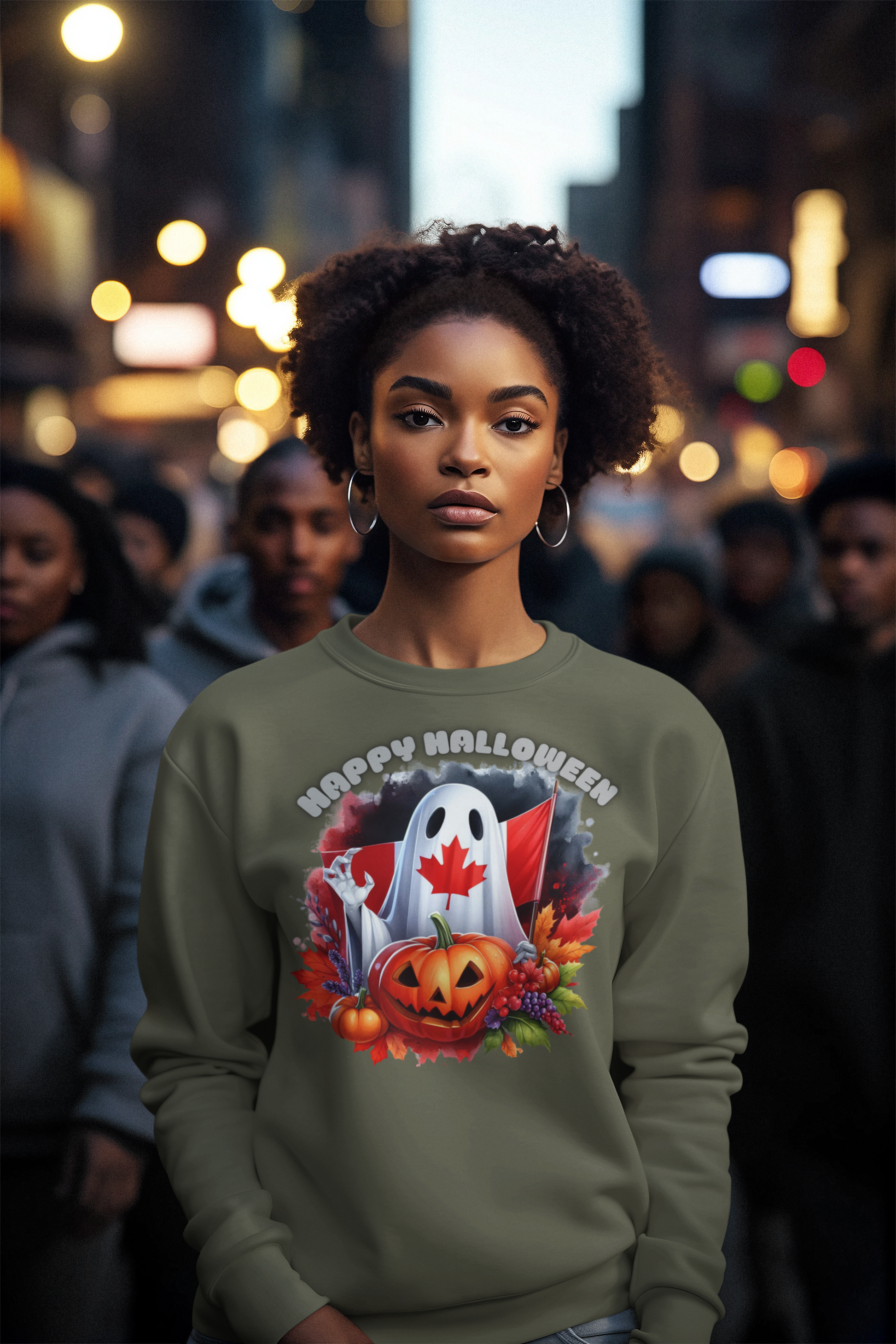 Happy Halloween Canada Ghost Pumpkin Sweatshirt in olive green.