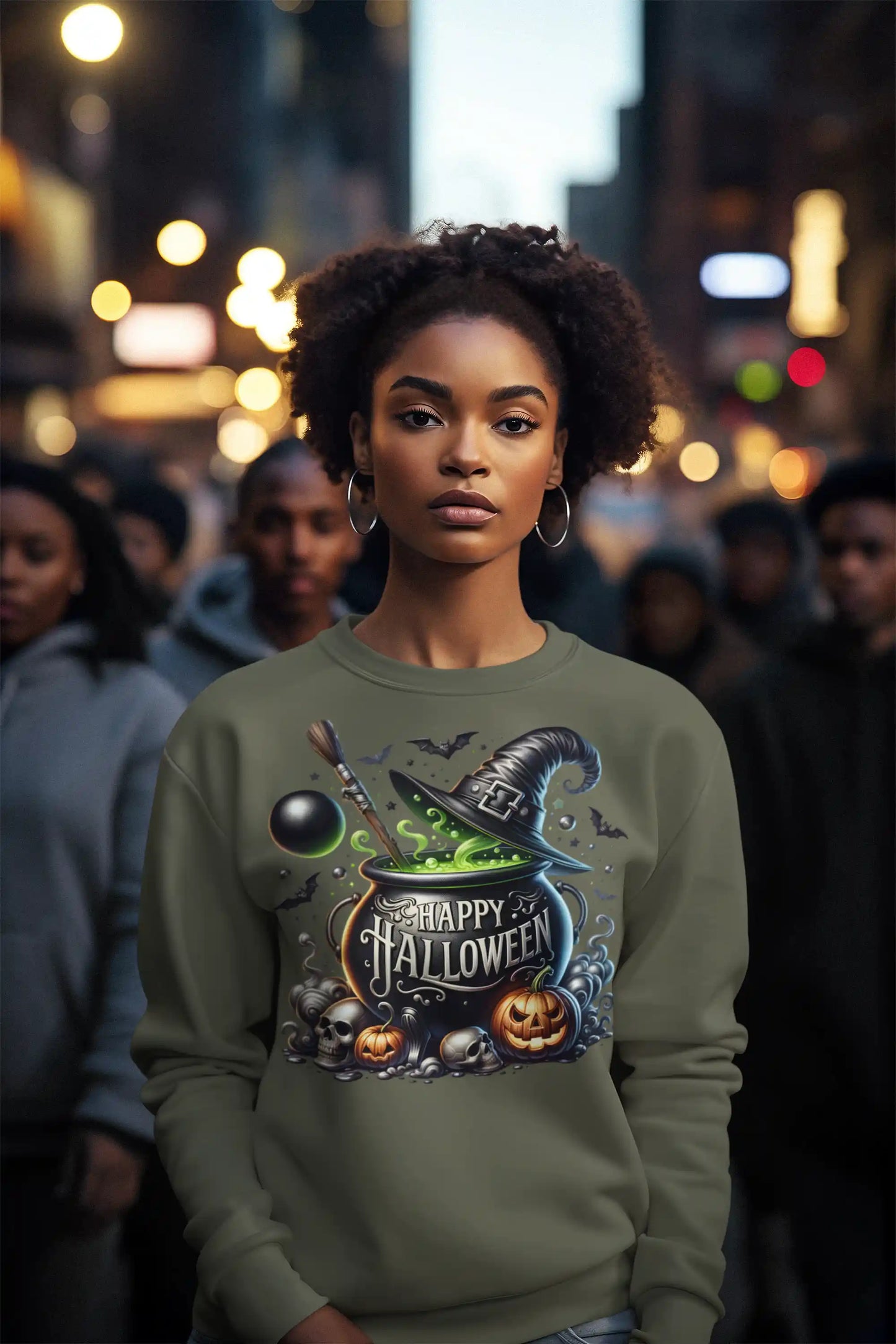 A woman wears a green sweatshirt with a Happy Halloween witch cauldron design.