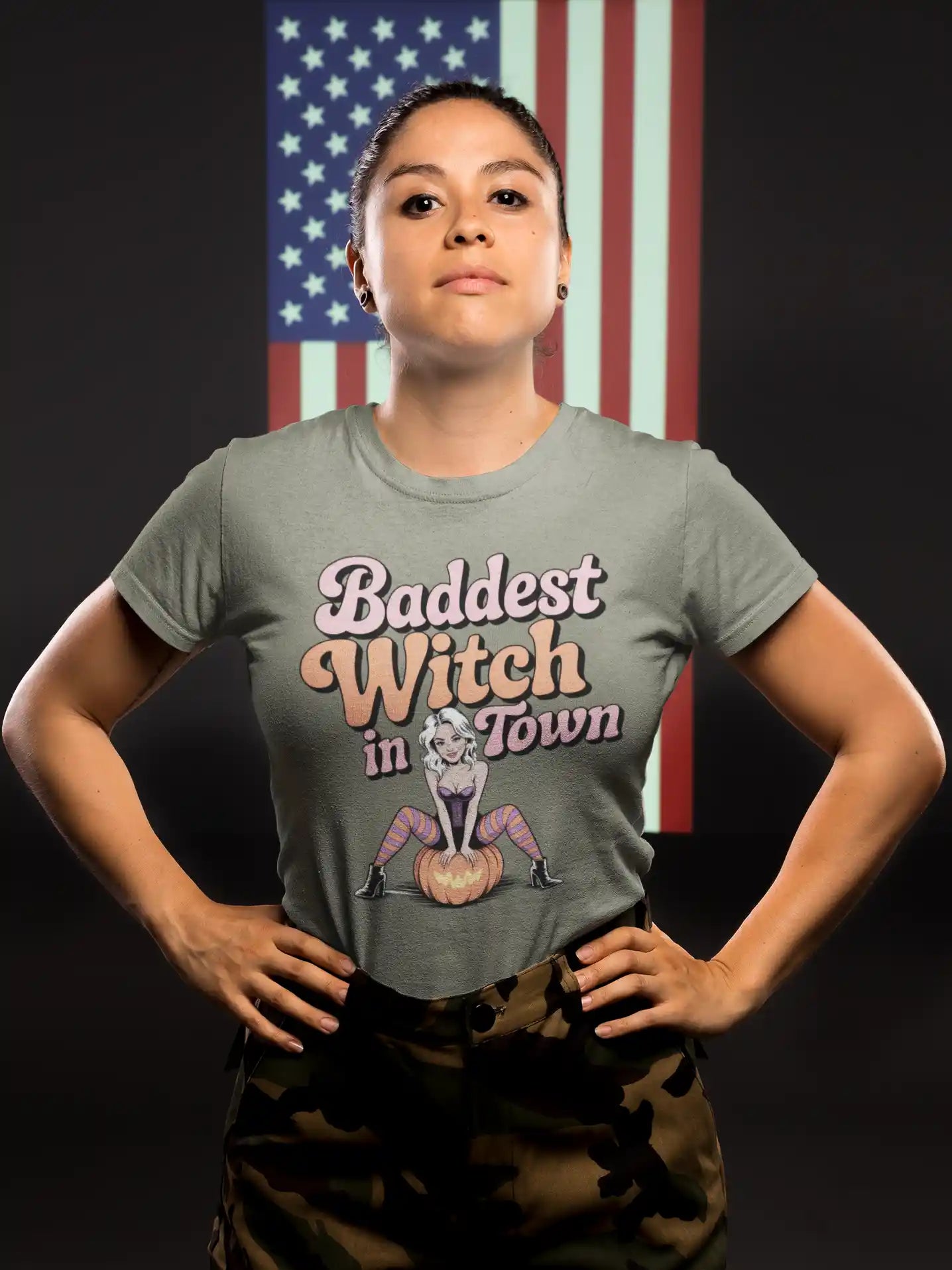 Baddest Witch in Town Retro Halloween Bella+Canvas 3001 T-Shirt – Spooky Cute Fall Tee