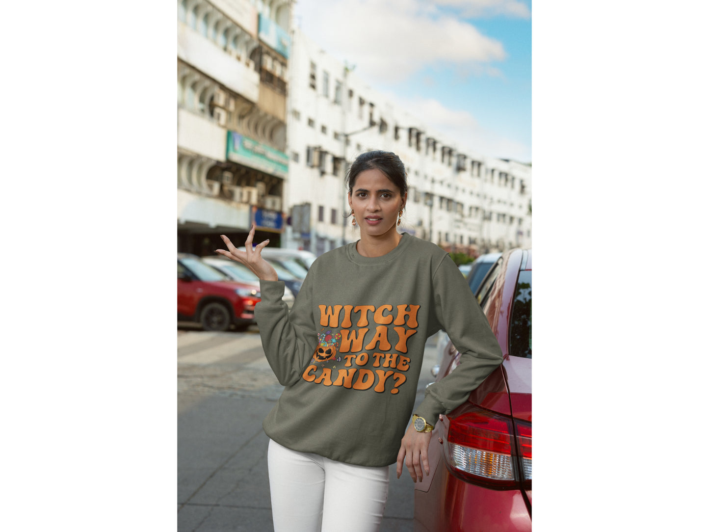Witch Way to the Candy Halloween Sweatshirt – Bella+Canvas 3501 Unisex Pullover – Spooky Funny Fall Sweater (S–3XL, Multiple Colors)