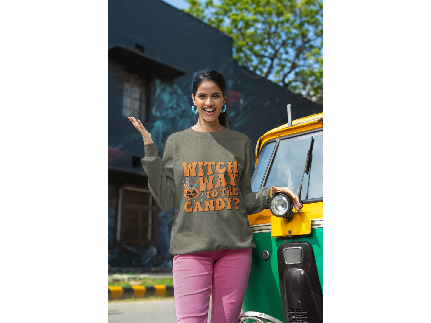 Witch Way to the Candy Halloween Sweatshirt – Bella+Canvas 3501 Unisex Pullover – Spooky Funny Fall Sweater (S–3XL, Multiple Colors)