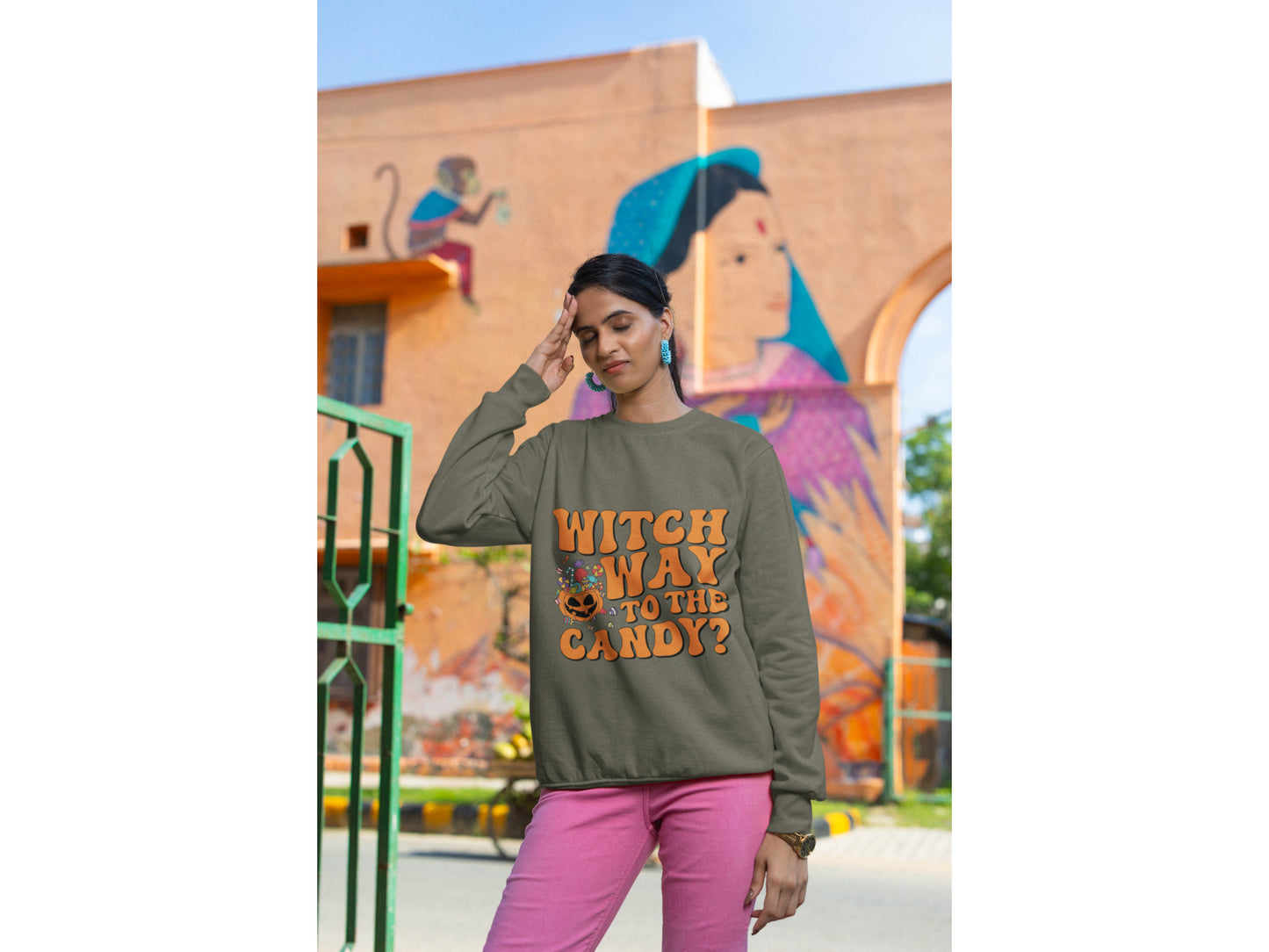 Witch Way to the Candy Halloween Sweatshirt – Bella+Canvas 3501 Unisex Pullover – Spooky Funny Fall Sweater (S–3XL, Multiple Colors)