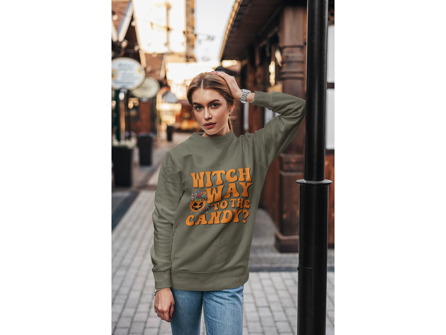 Witch Way to the Candy Halloween Sweatshirt – Bella+Canvas 3501 Unisex Pullover – Spooky Funny Fall Sweater (S–3XL, Multiple Colors)