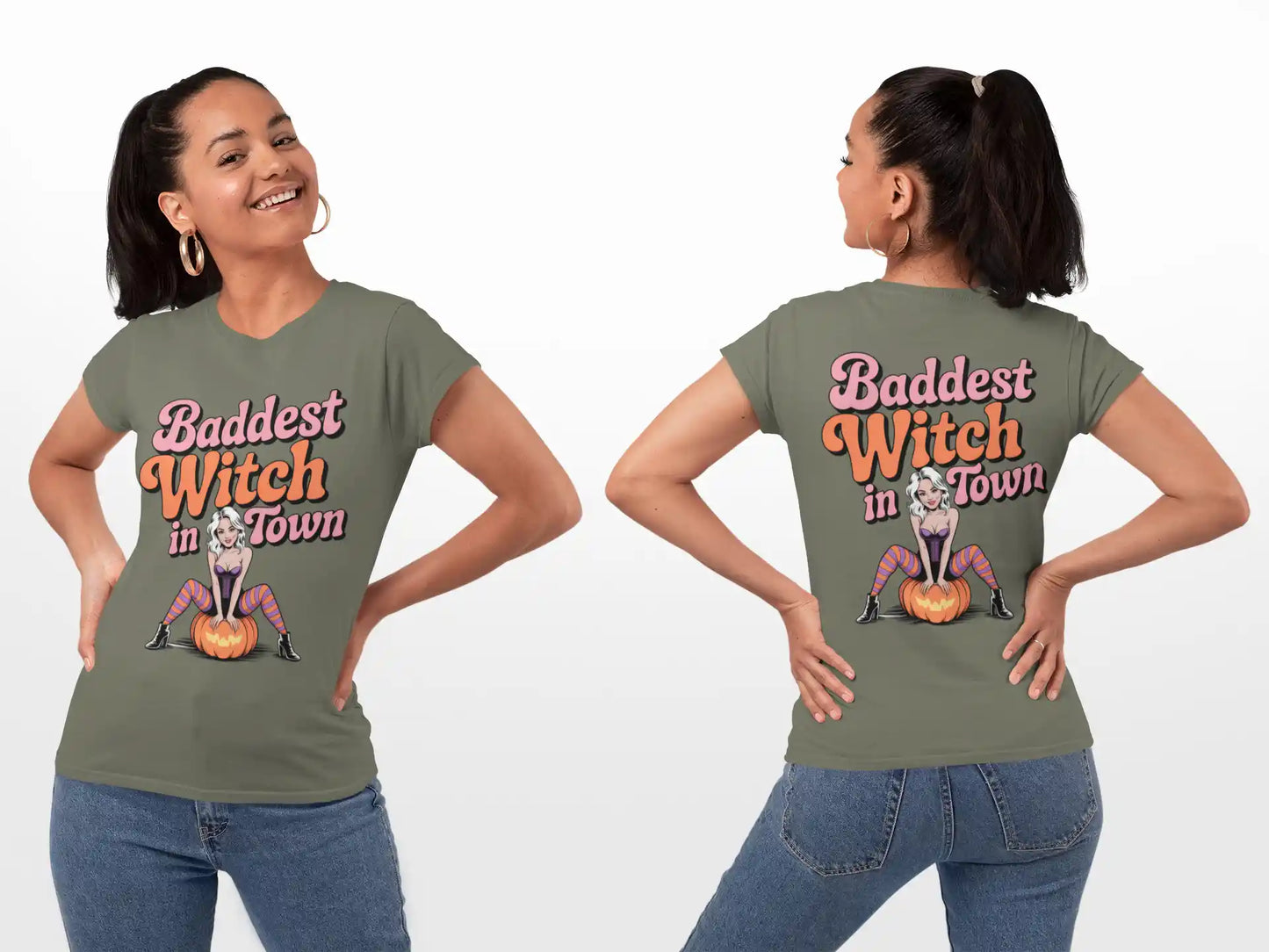Baddest Witch in Town Retro Halloween Bella+Canvas 3001 T-Shirt – Spooky Cute Fall Tee