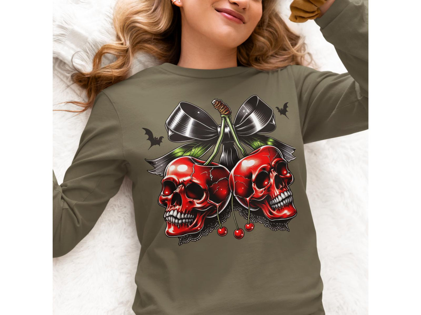 Spooky Cherry Halloween Bow Sweatshirt – Cute & Creepy Fall Vibes