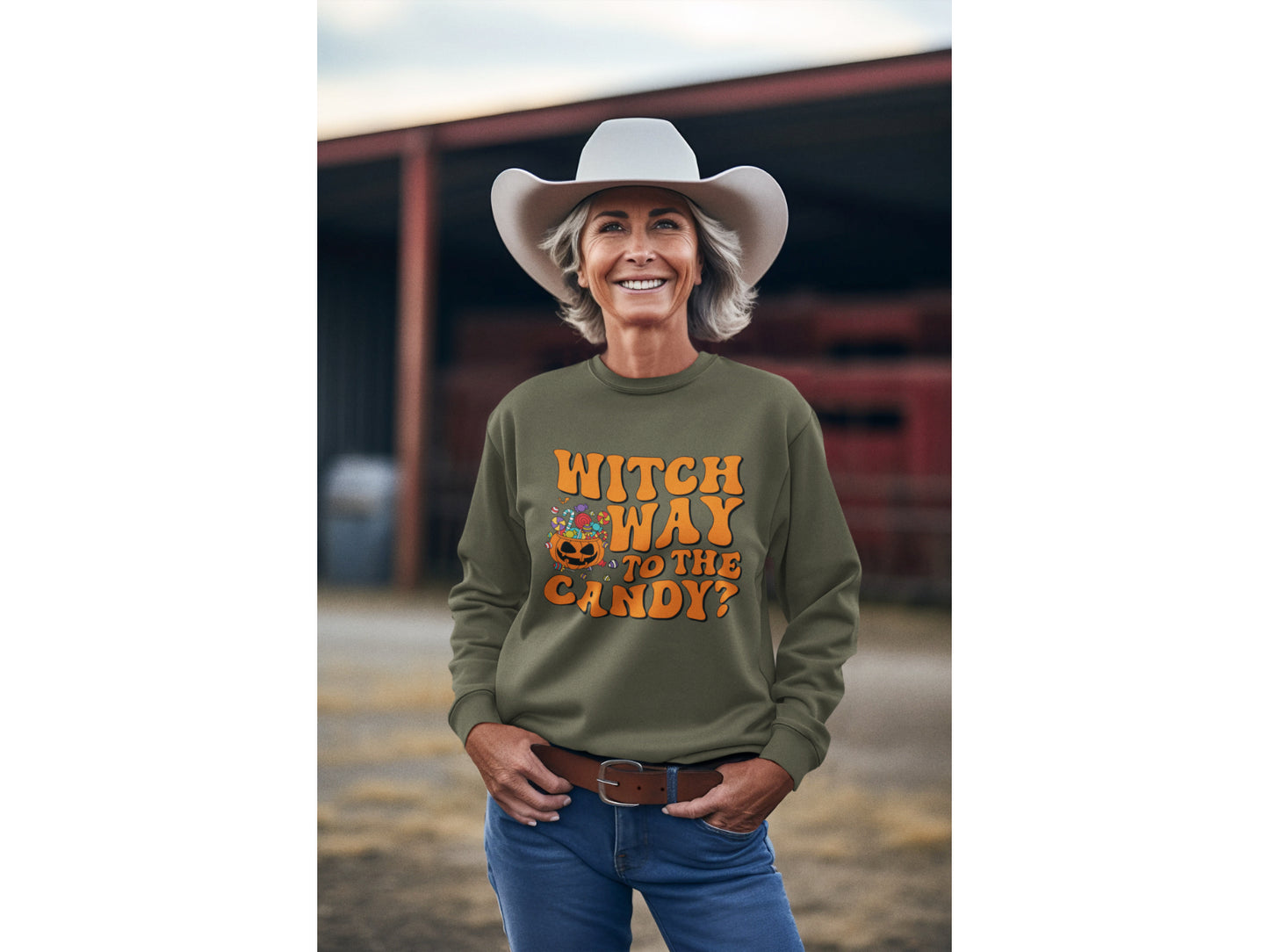 Witch Way to the Candy Halloween Sweatshirt – Bella+Canvas 3501 Unisex Pullover – Spooky Funny Fall Sweater (S–3XL, Multiple Colors)