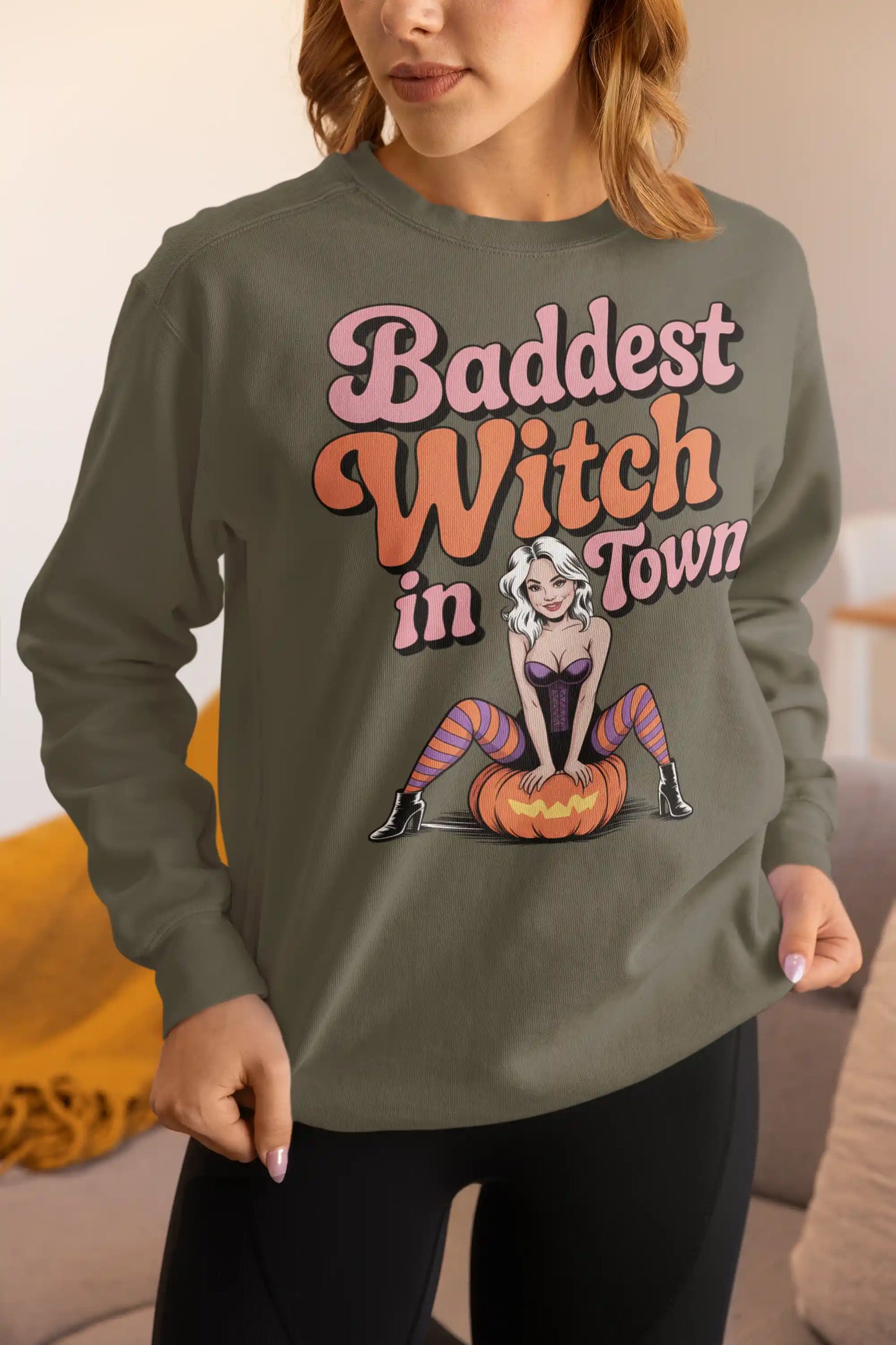 Baddest Witch in Town Retro Halloween Bella+Canvas 3501 Sweatshirt – Spooky Cute Fall Outfit