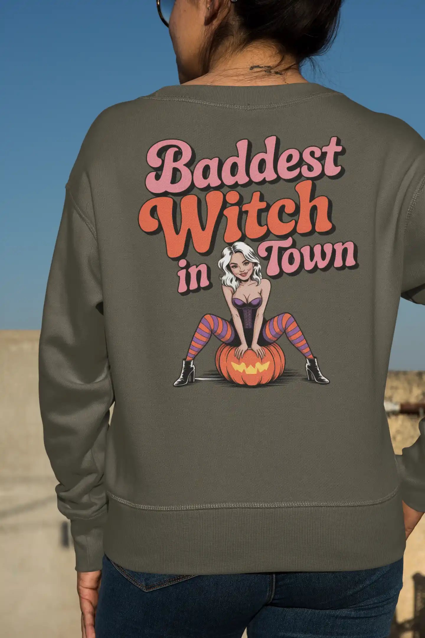 Baddest Witch in Town Retro Halloween Bella+Canvas 3501 Sweatshirt – Spooky Cute Fall Outfit