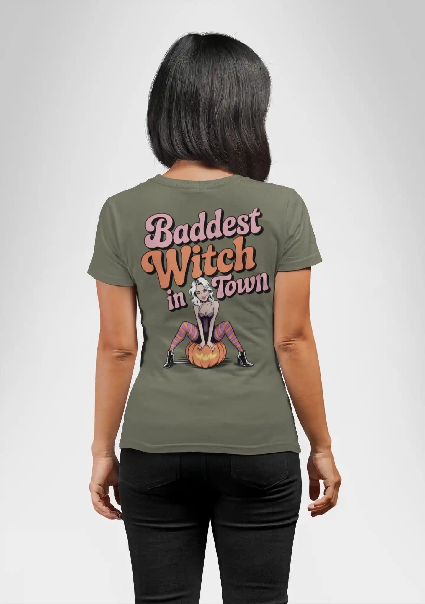 Baddest Witch in Town Retro Halloween Bella+Canvas 3001 T-Shirt – Spooky Cute Fall Tee