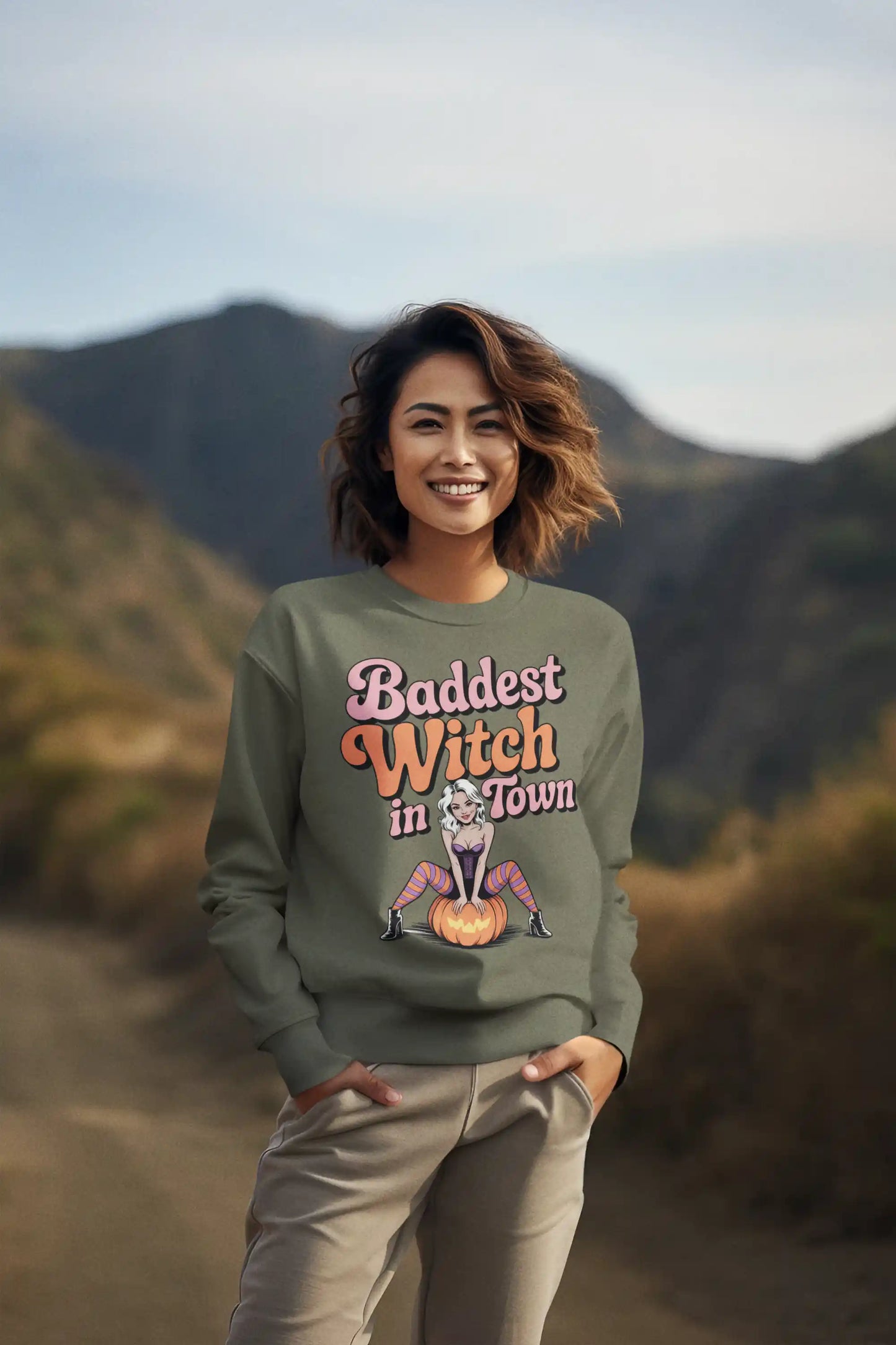 Baddest Witch in Town Retro Halloween Bella+Canvas 3501 Sweatshirt – Spooky Cute Fall Outfit