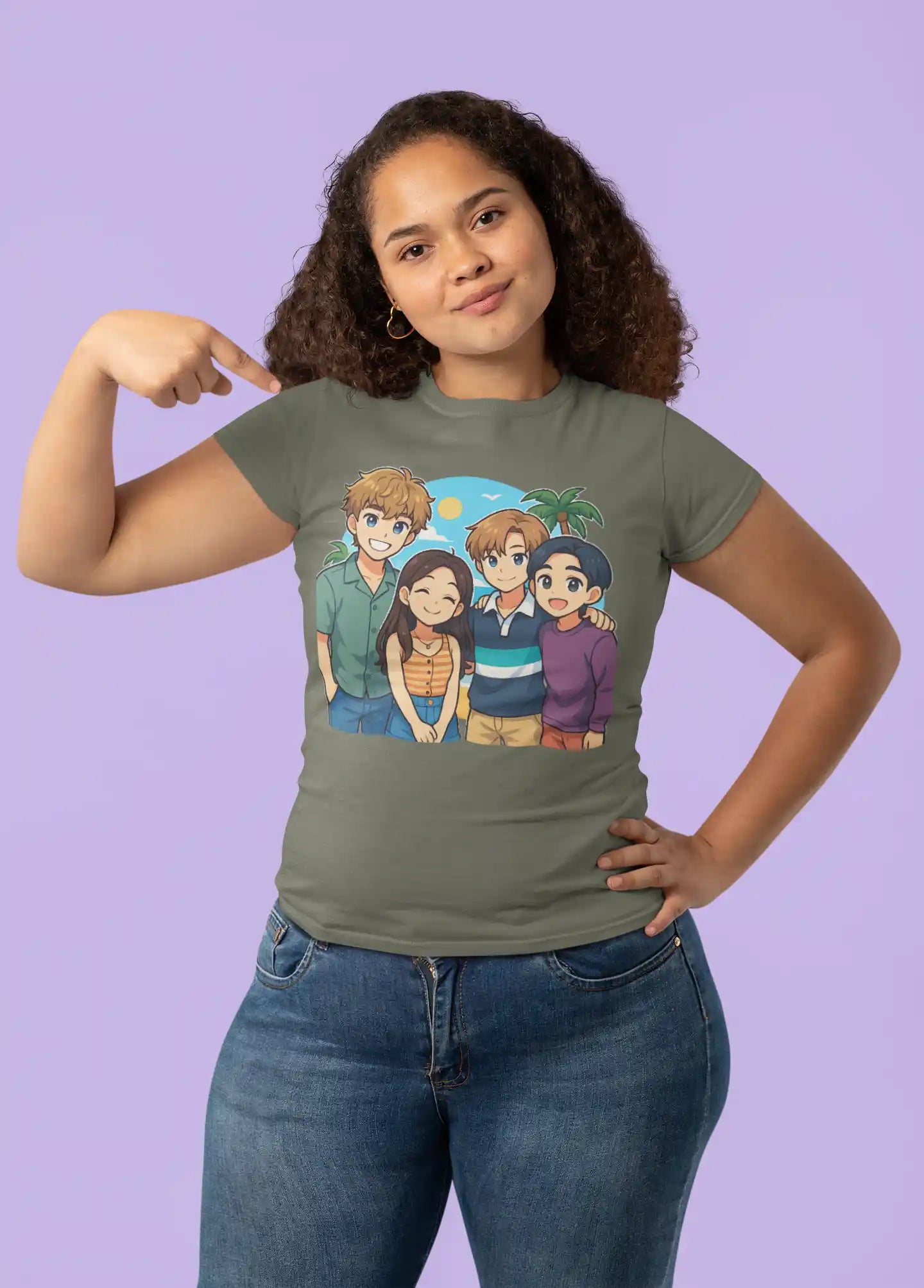 A woman wears a green t-shirt featuring an anime-style illustration of four friends.