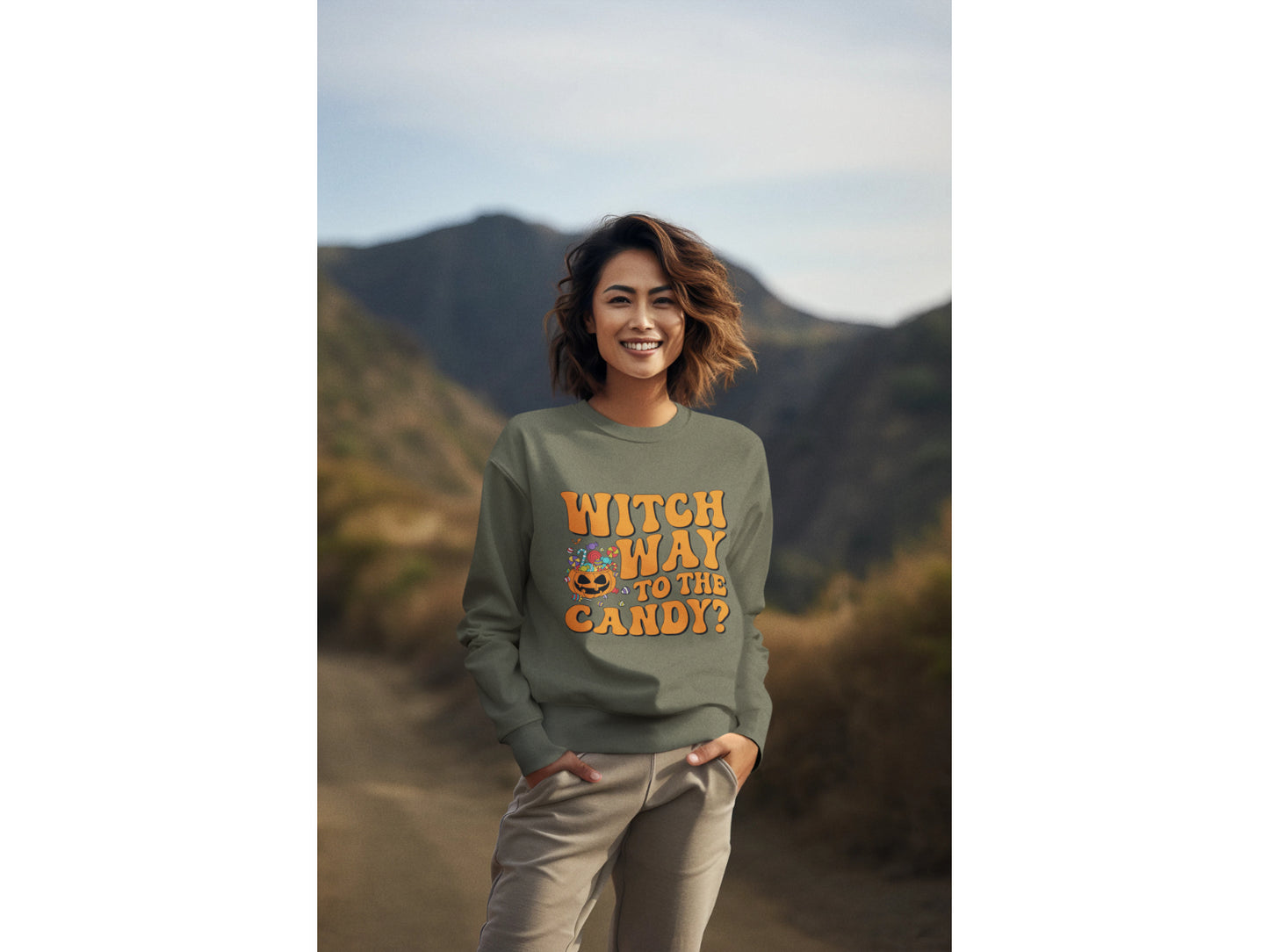 Witch Way to the Candy Halloween Sweatshirt – Bella+Canvas 3501 Unisex Pullover – Spooky Funny Fall Sweater (S–3XL, Multiple Colors)