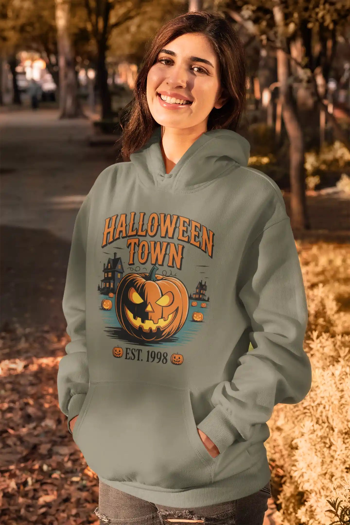 Halloween Town Hoodie – Vintage Pumpkin Graphic – Bella Canvas 3719 – Halloween Pullover – Spooky Season Hoodie – Unisex S-3XL