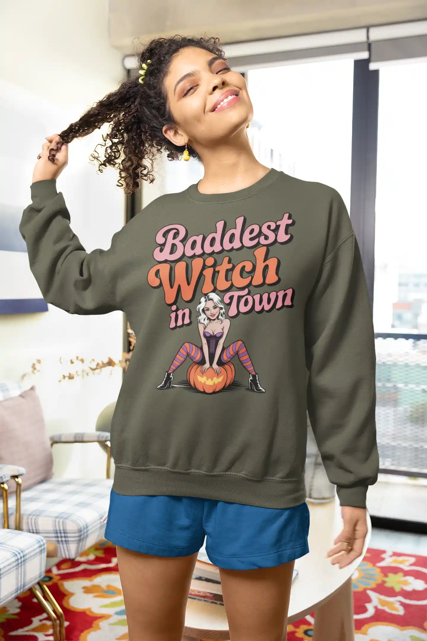 Baddest Witch in Town Retro Halloween Bella+Canvas 3501 Sweatshirt – Spooky Cute Fall Outfit