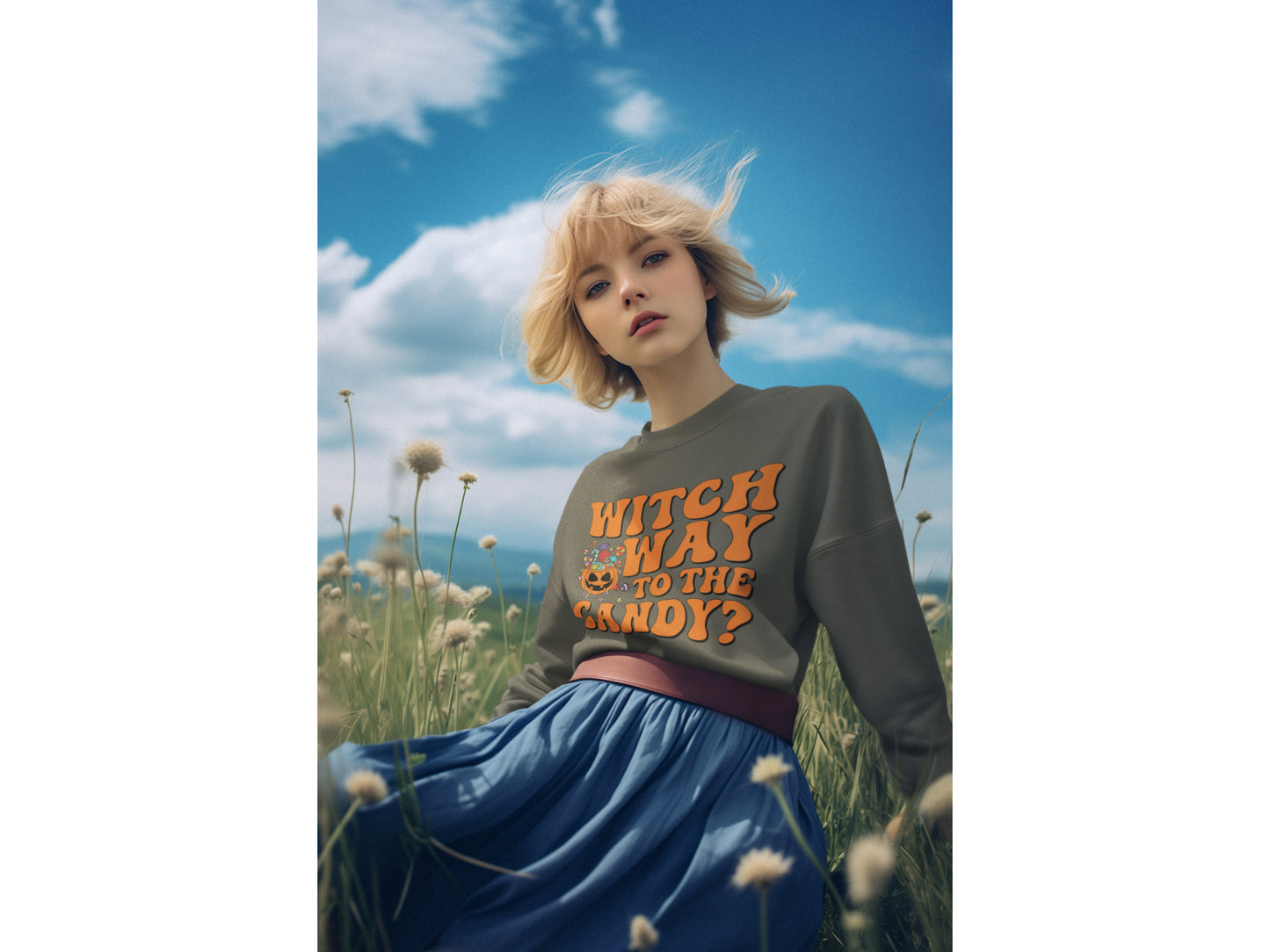 Witch Way to the Candy Halloween Sweatshirt – Bella+Canvas 3501 Unisex Pullover – Spooky Funny Fall Sweater (S–3XL, Multiple Colors)