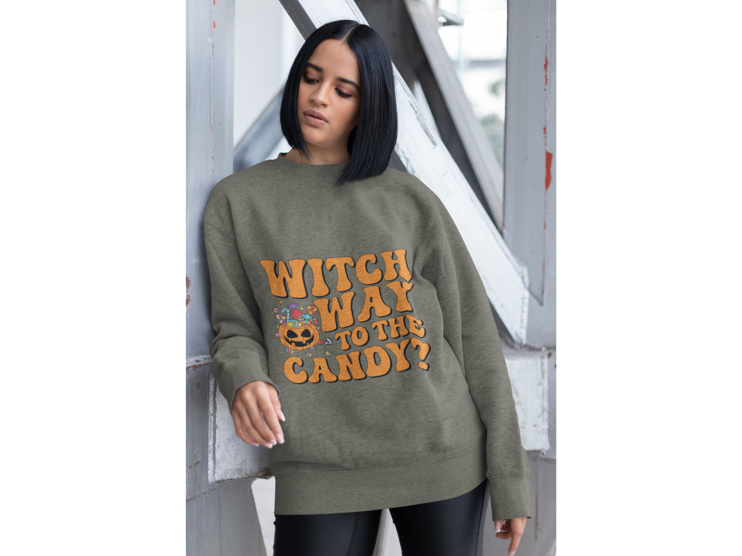 Witch Way to the Candy Halloween Sweatshirt – Bella+Canvas 3501 Unisex Pullover – Spooky Funny Fall Sweater (S–3XL, Multiple Colors)