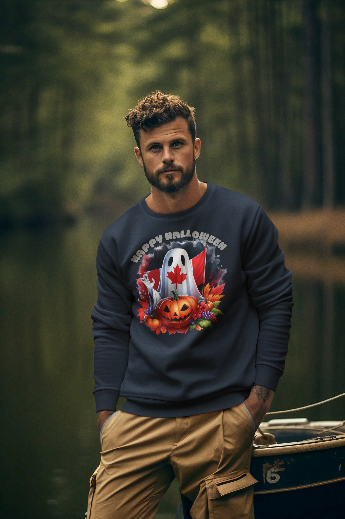 A man wears a dark blue sweatshirt with a Canadian Halloween ghost and pumpkin design.