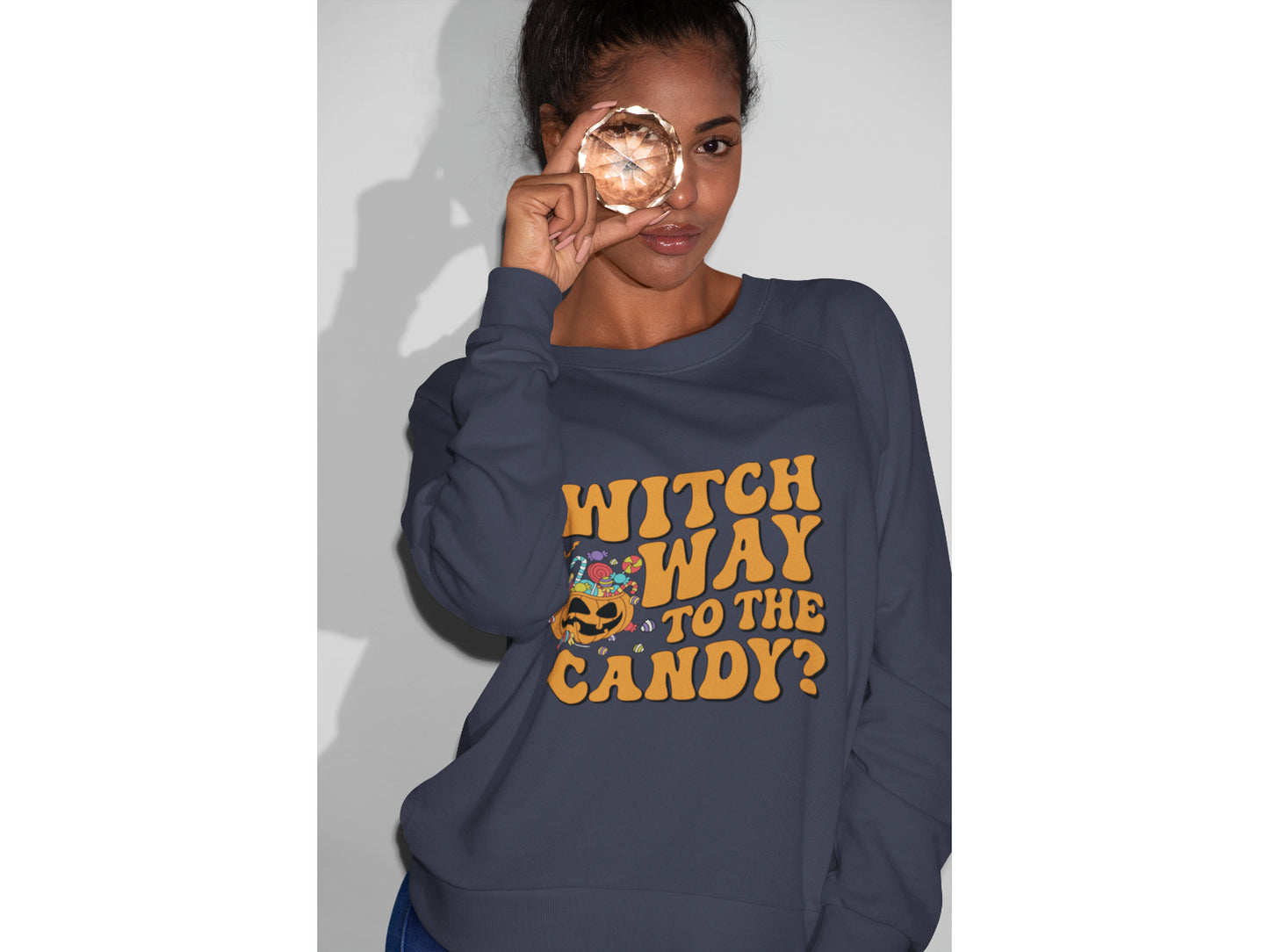 Witch Way to the Candy Halloween Sweatshirt – Bella+Canvas 3501 Unisex Pullover – Spooky Funny Fall Sweater (S–3XL, Multiple Colors)