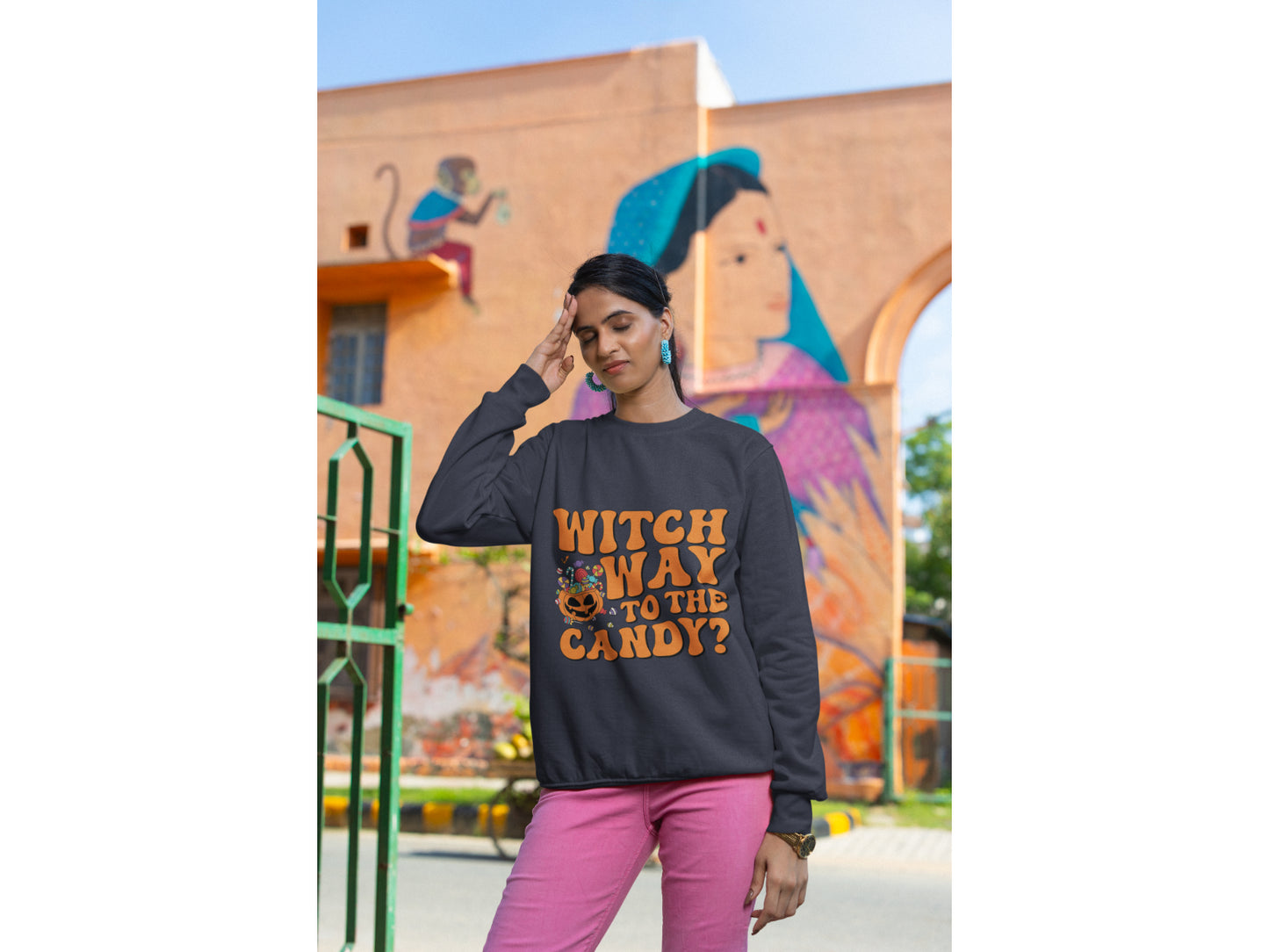Witch Way to the Candy Halloween Sweatshirt – Bella+Canvas 3501 Unisex Pullover – Spooky Funny Fall Sweater (S–3XL, Multiple Colors)