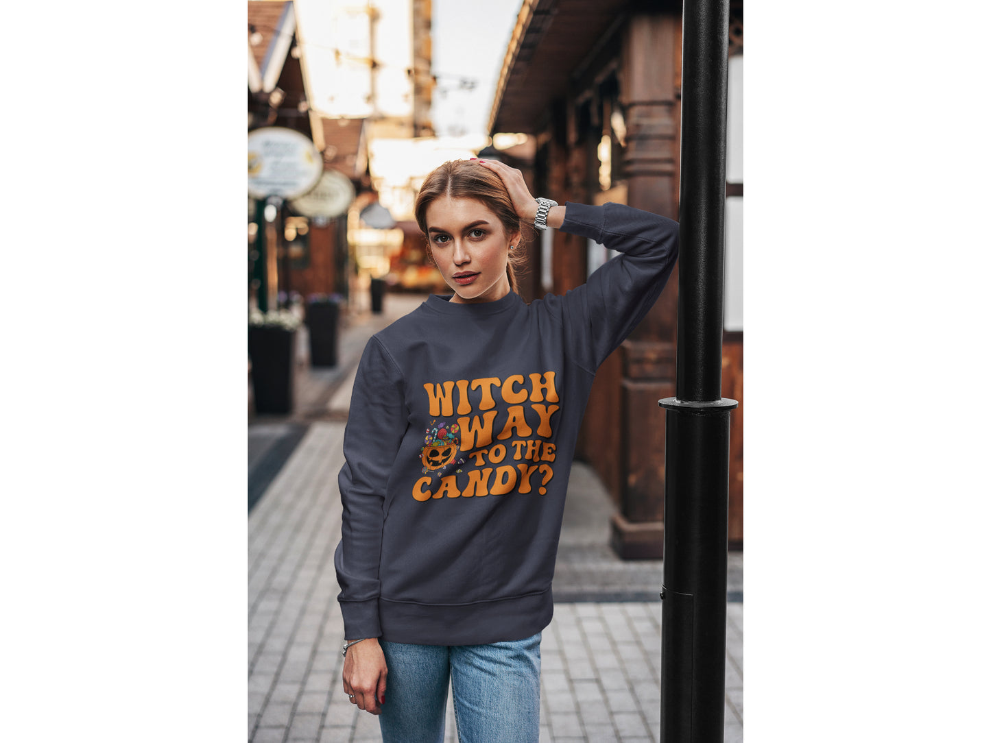 Witch Way to the Candy Halloween Sweatshirt – Bella+Canvas 3501 Unisex Pullover – Spooky Funny Fall Sweater (S–3XL, Multiple Colors)