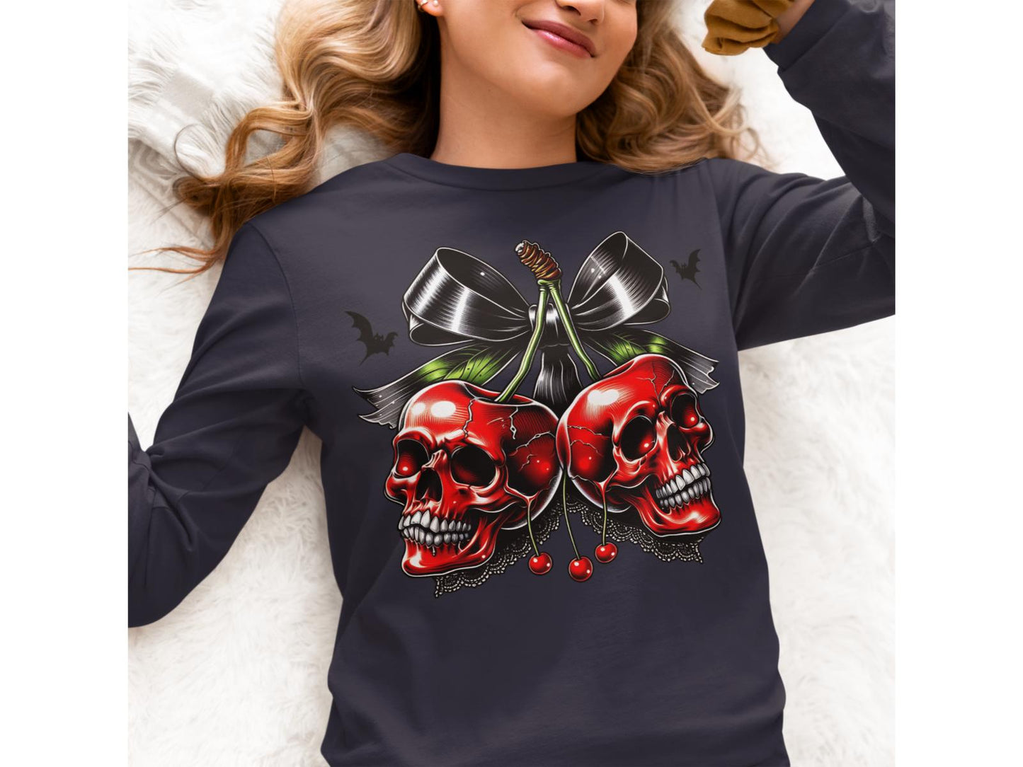 Spooky Cherry Halloween Bow Sweatshirt – Cute & Creepy Fall Vibes