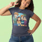 A woman in a dark gray t-shirt with an anime design of four friends.