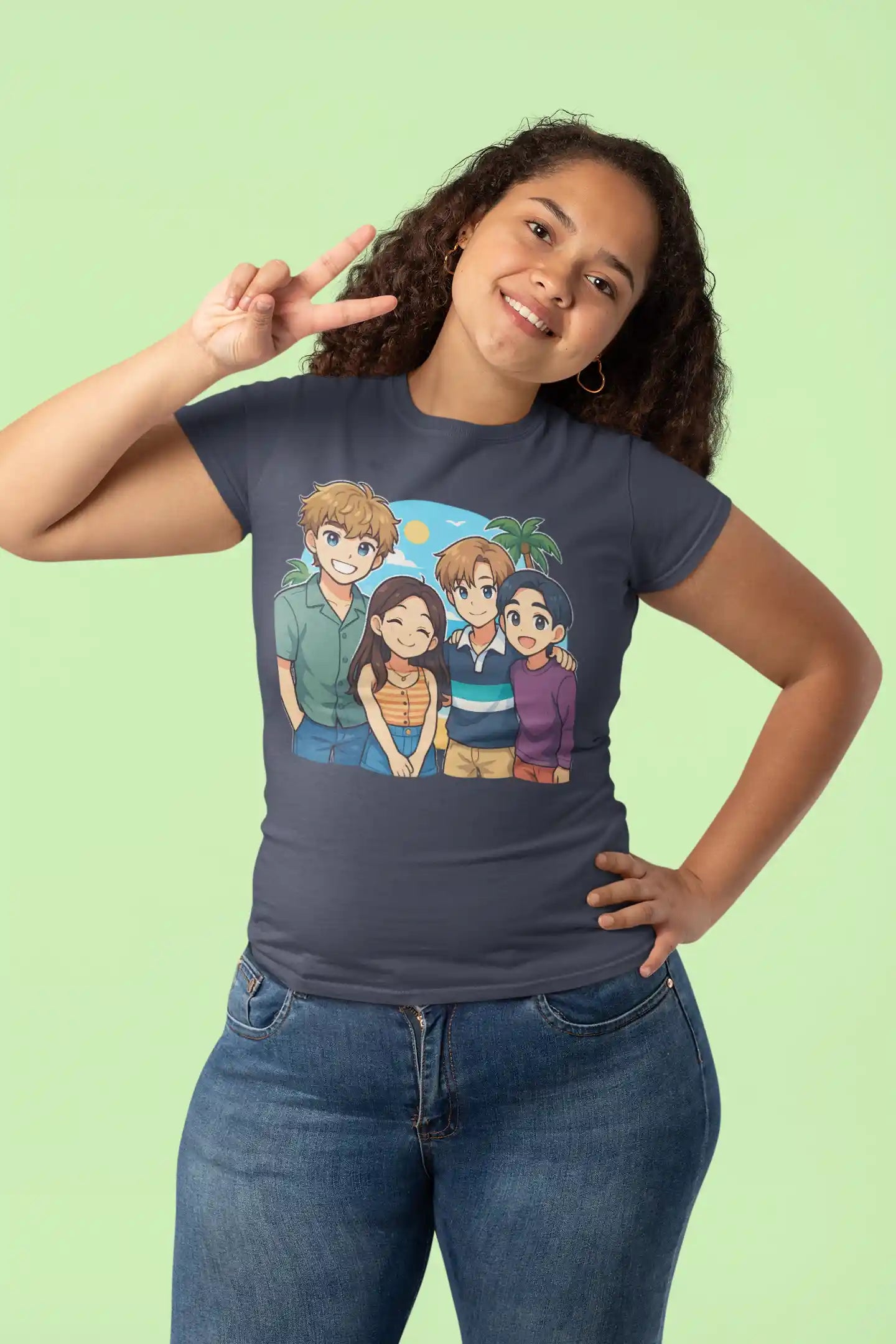 A woman in a dark gray t-shirt with an anime design of four friends.
