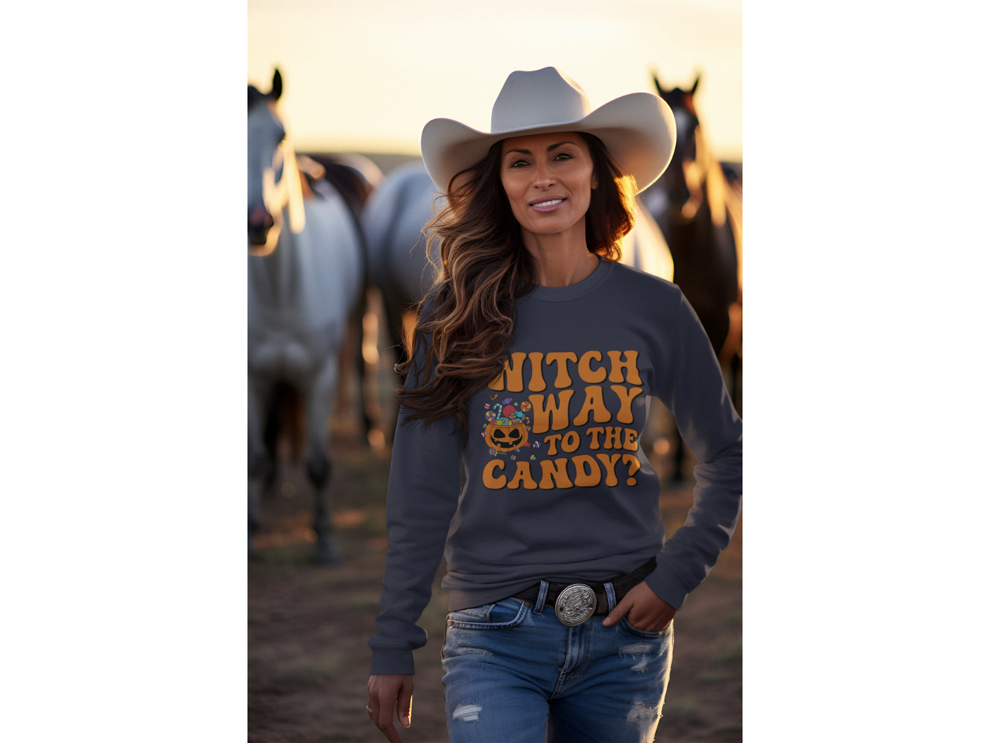 Witch Way to the Candy Halloween Sweatshirt – Bella+Canvas 3501 Unisex Pullover – Spooky Funny Fall Sweater (S–3XL, Multiple Colors)