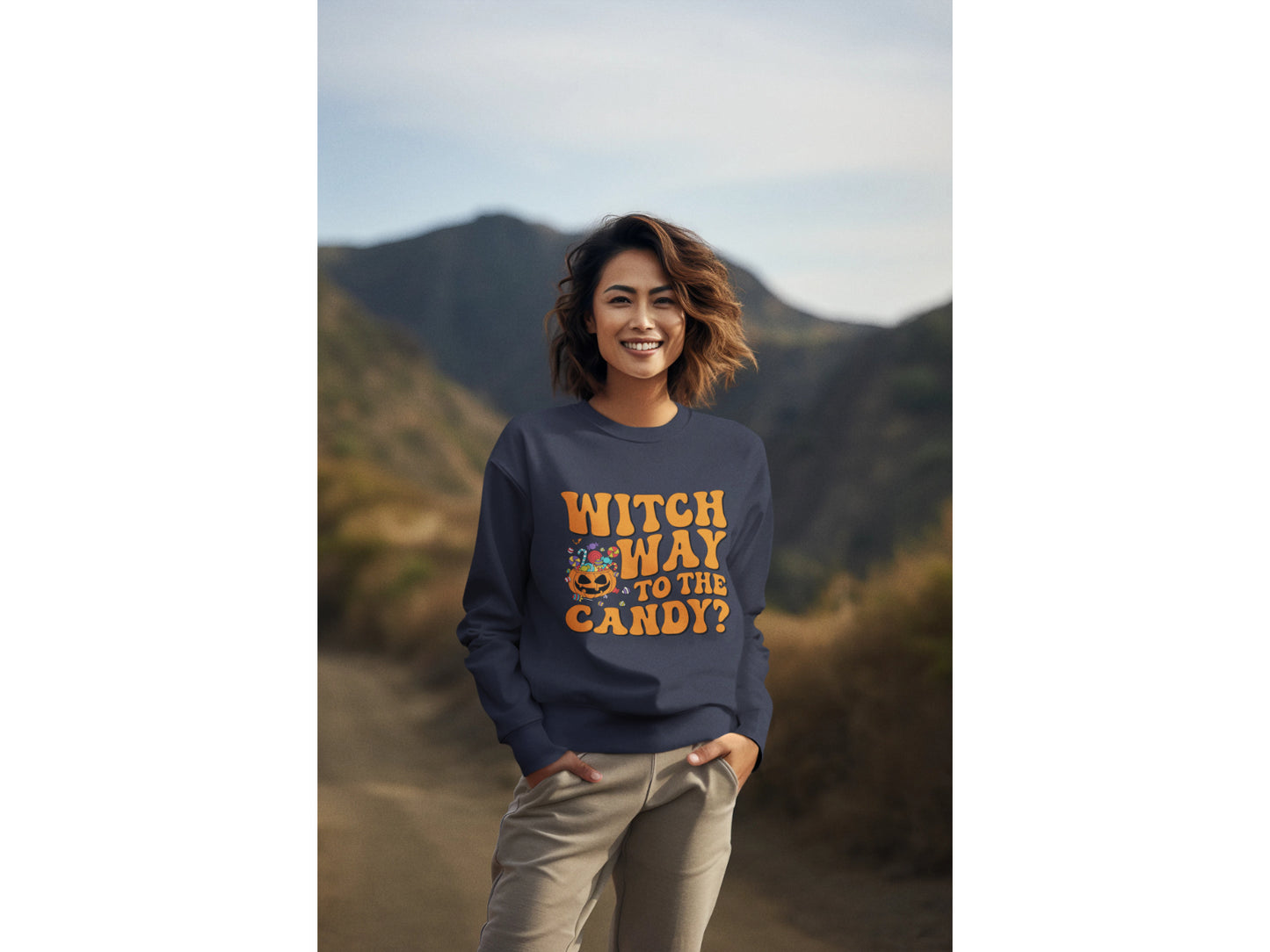 Witch Way to the Candy Halloween Sweatshirt – Bella+Canvas 3501 Unisex Pullover – Spooky Funny Fall Sweater (S–3XL, Multiple Colors)