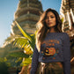 A woman wears a navy Halloween Town sweatshirt with a vintage pumpkin graphic.