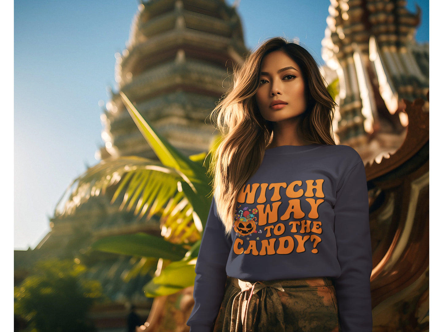 Witch Way to the Candy Halloween Sweatshirt – Bella+Canvas 3501 Unisex Pullover – Spooky Funny Fall Sweater (S–3XL, Multiple Colors)