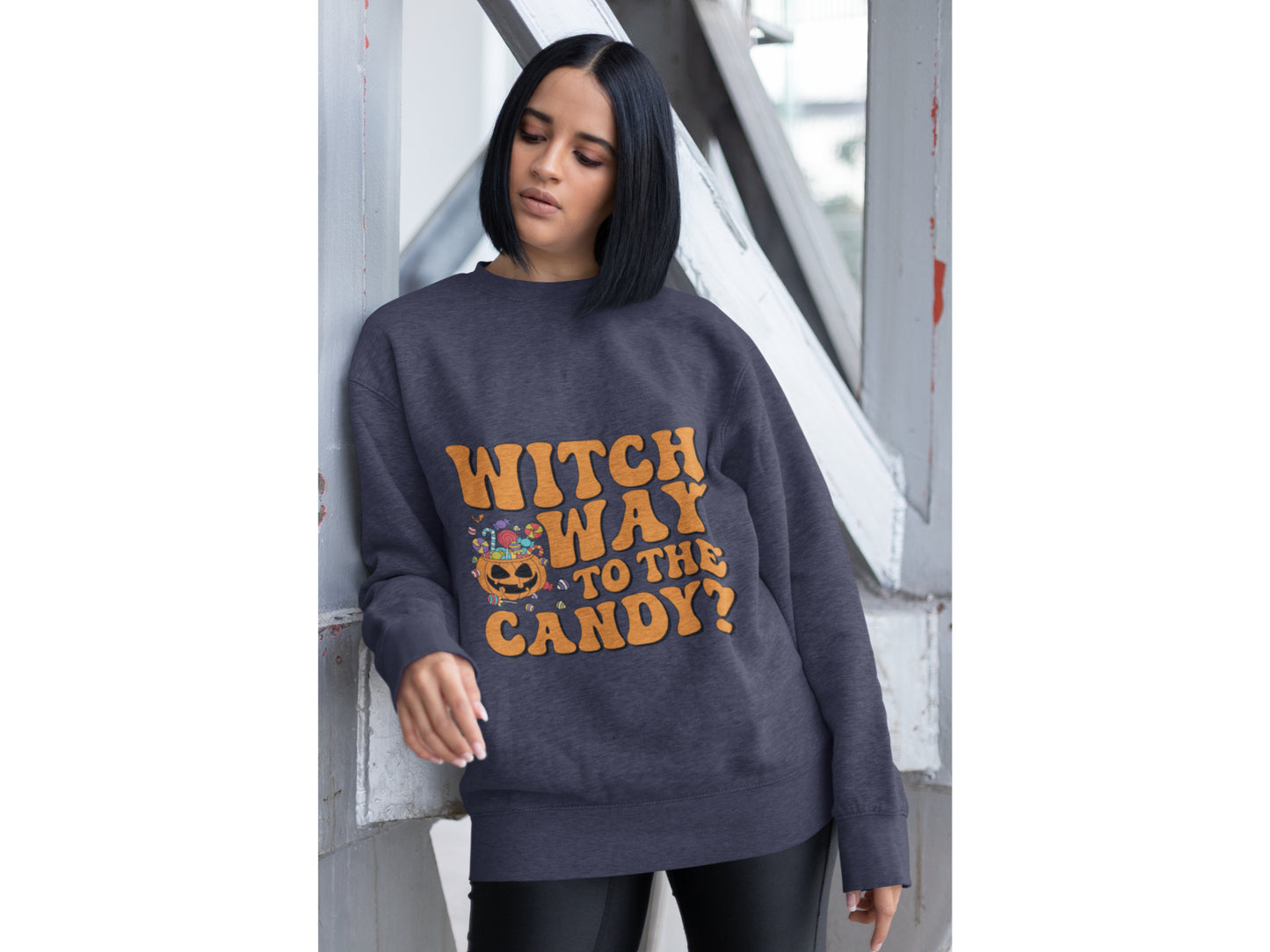 Witch Way to the Candy Halloween Sweatshirt – Bella+Canvas 3501 Unisex Pullover – Spooky Funny Fall Sweater (S–3XL, Multiple Colors)