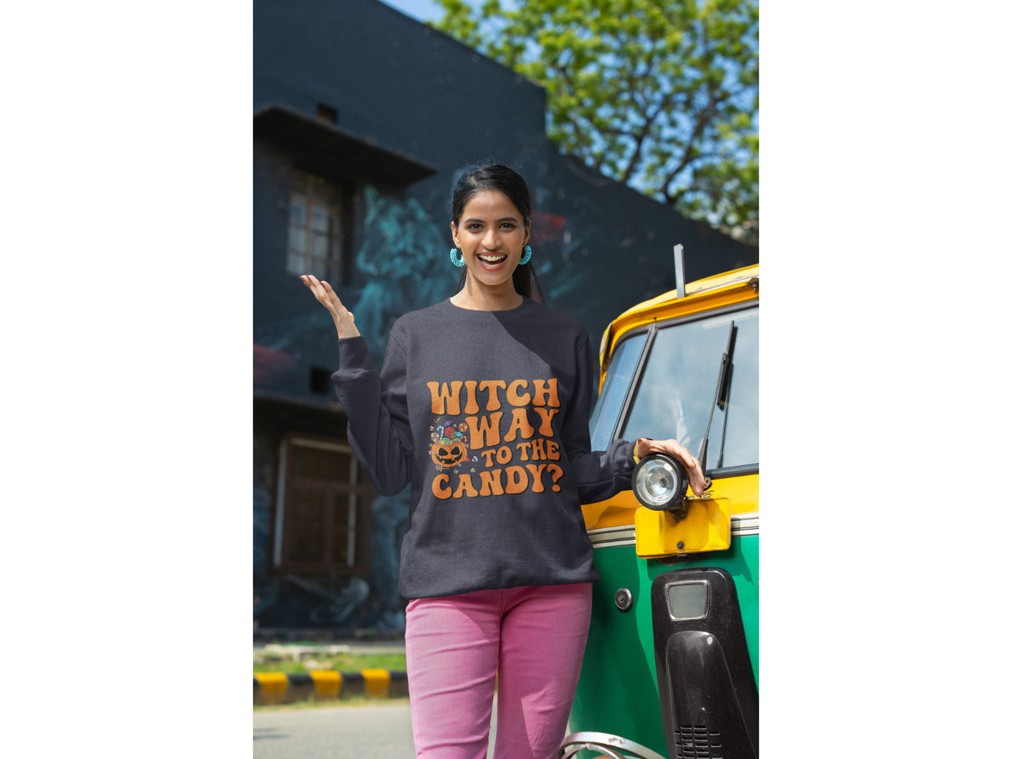 Witch Way to the Candy Halloween Sweatshirt – Bella+Canvas 3501 Unisex Pullover – Spooky Funny Fall Sweater (S–3XL, Multiple Colors)