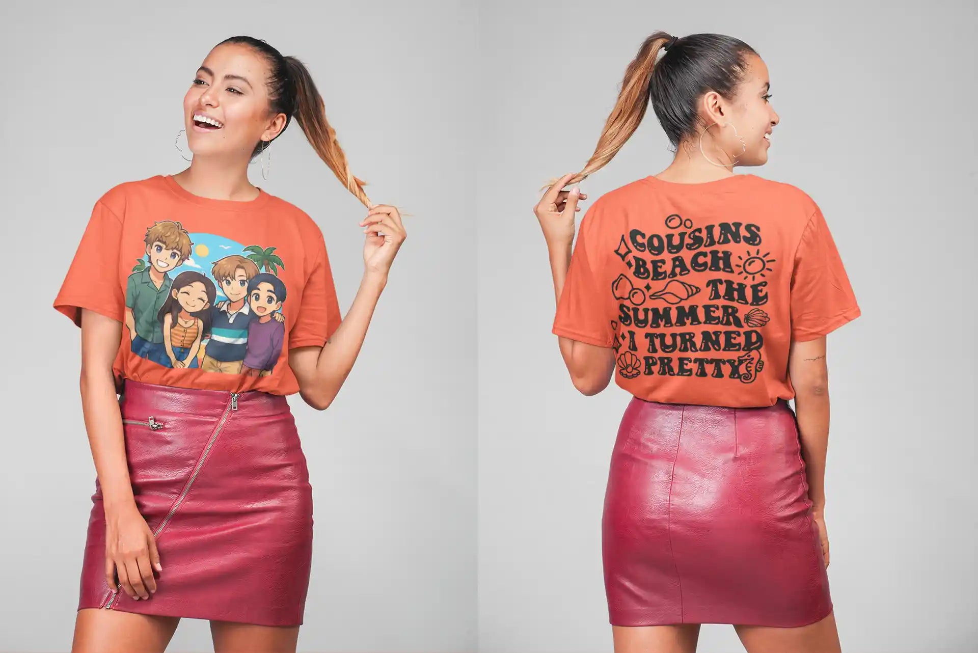 A woman models a short-sleeve orange t-shirt with an anime-style graphic on the front and text on the back.
