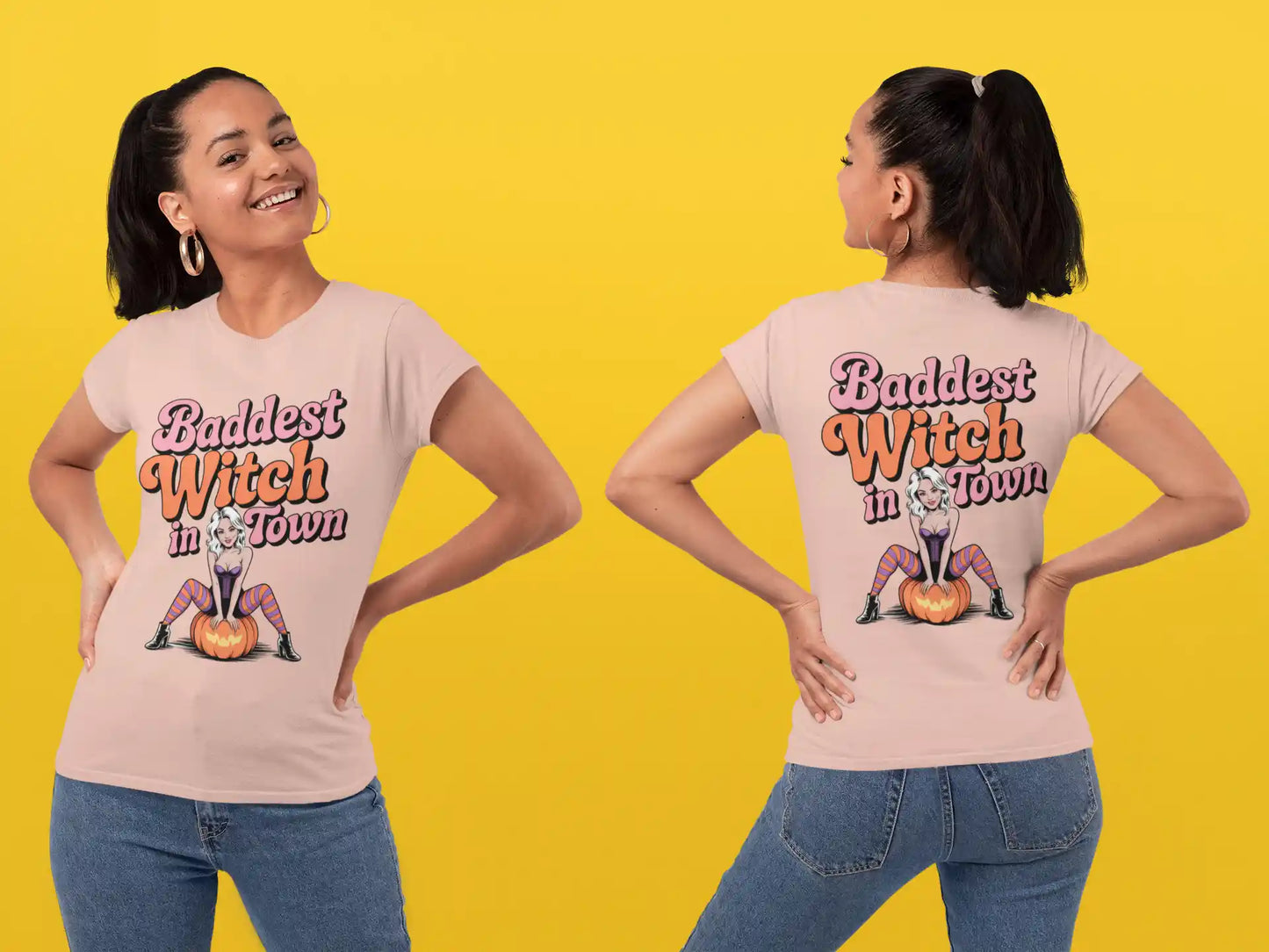 Baddest Witch in Town Retro Halloween Bella+Canvas 3001 T-Shirt – Spooky Cute Fall Tee