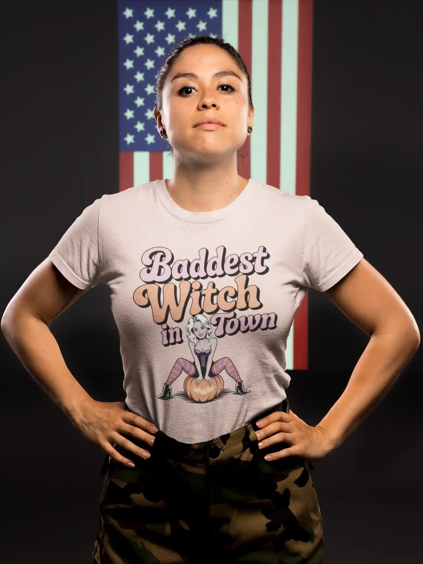 Baddest Witch in Town Retro Halloween Bella+Canvas 3001 T-Shirt – Spooky Cute Fall Tee
