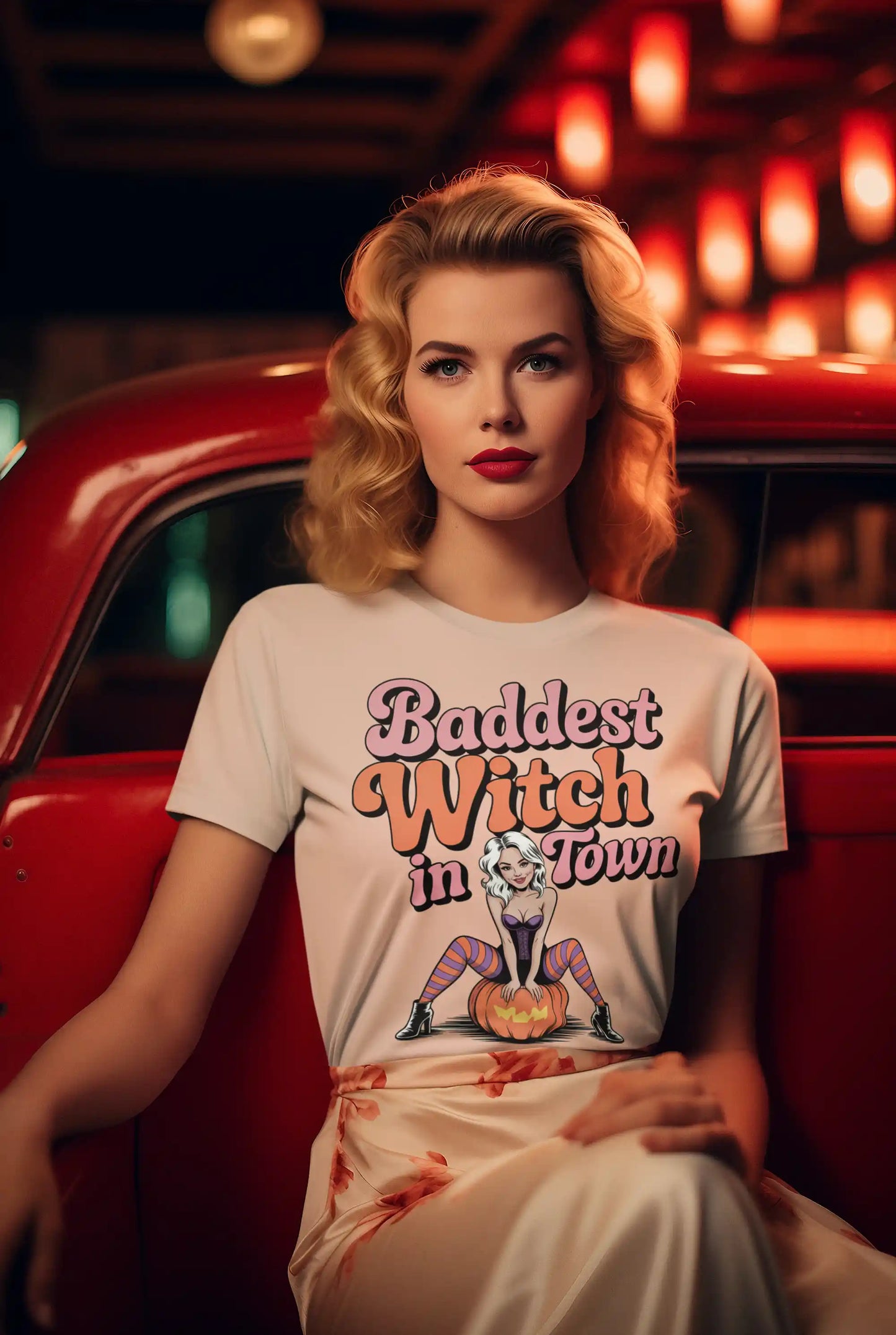 A woman in a white t-shirt with "Baddest Witch in Town" graphic sits in a red car.