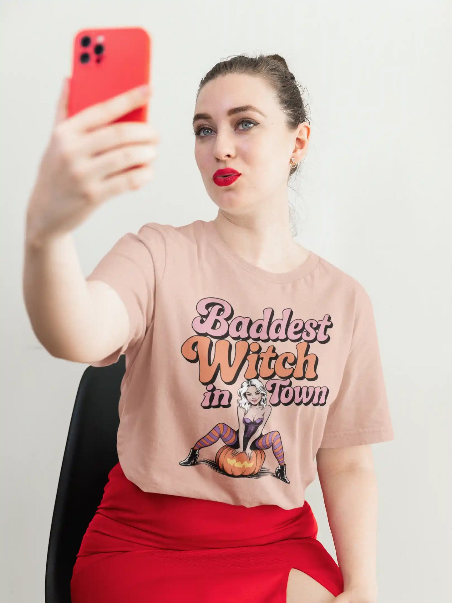 Baddest Witch in Town Retro Halloween Bella+Canvas 3001 T-Shirt – Spooky Cute Fall Tee