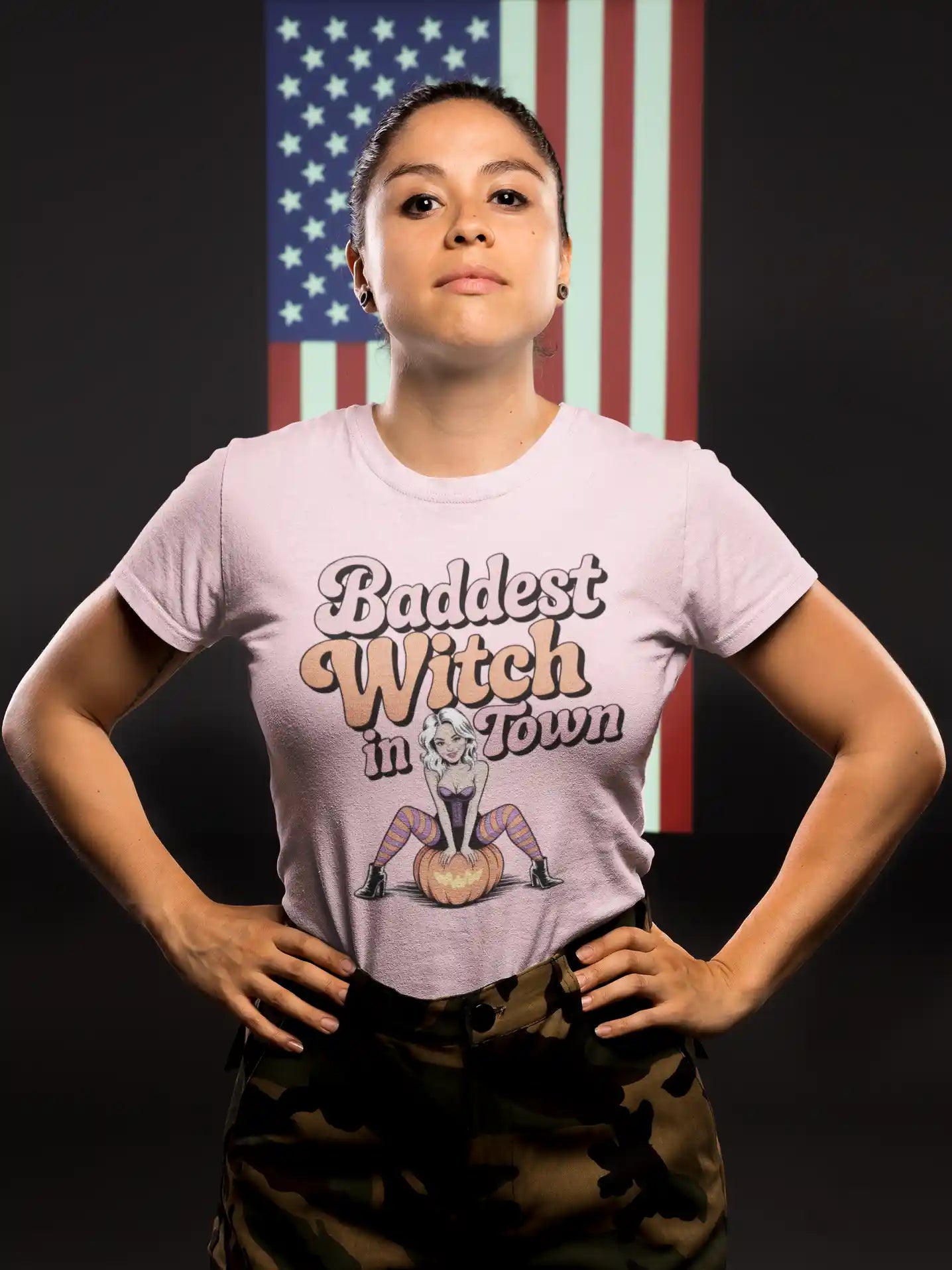 Baddest Witch in Town Retro Halloween Bella+Canvas 3001 T-Shirt – Spooky Cute Fall Tee