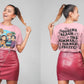 A woman models a pink t-shirt with anime characters on the front and text on the back.