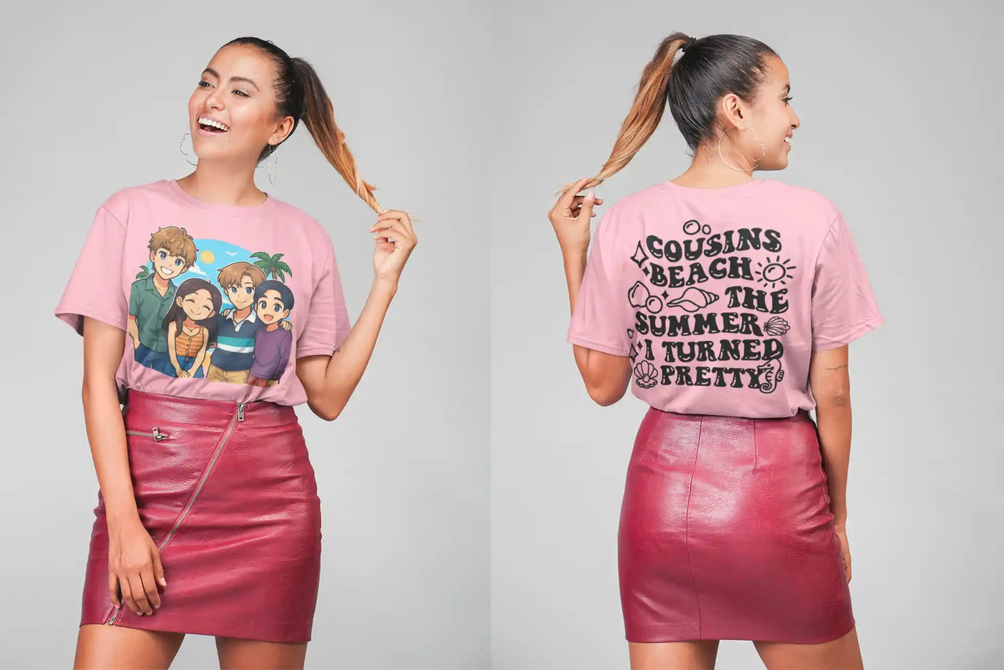 A woman models a pink t-shirt with anime characters on the front and text on the back.