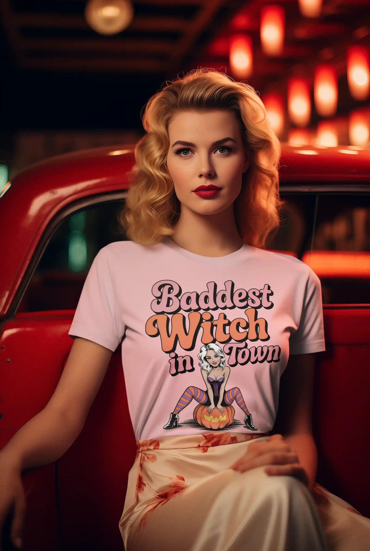 Baddest Witch in Town Retro Halloween T-Shirt on a woman in a red car.